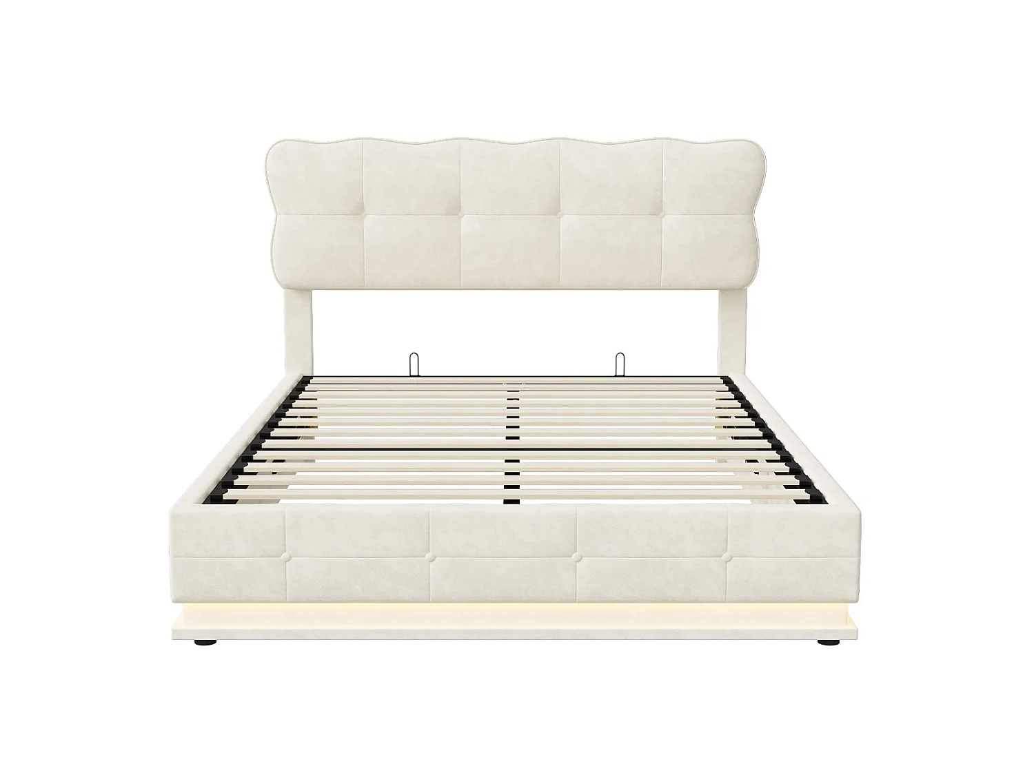 Lit coffre double 160x200 cm beige avec tête de lit rembourrée sommier à lattes rangement hydraulique sous lit et éclairage LED