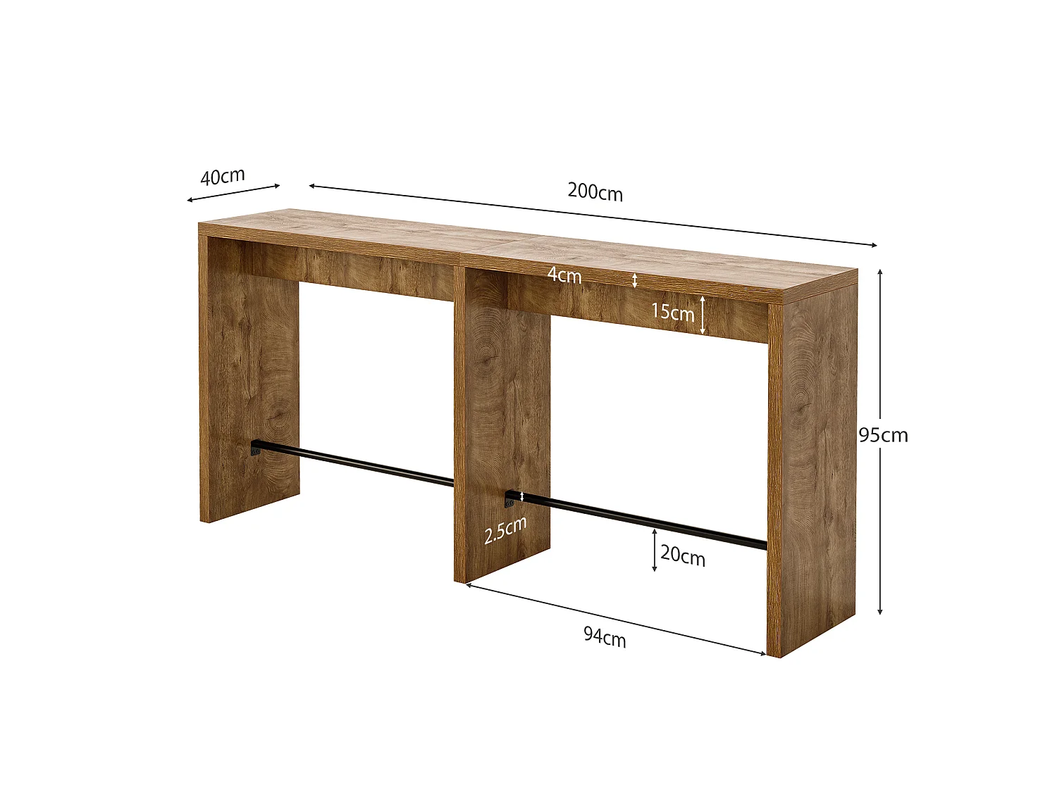 Table de bar étroite, table haute extra longue avec repose-pieds robuste en fer, uniquement Tbale