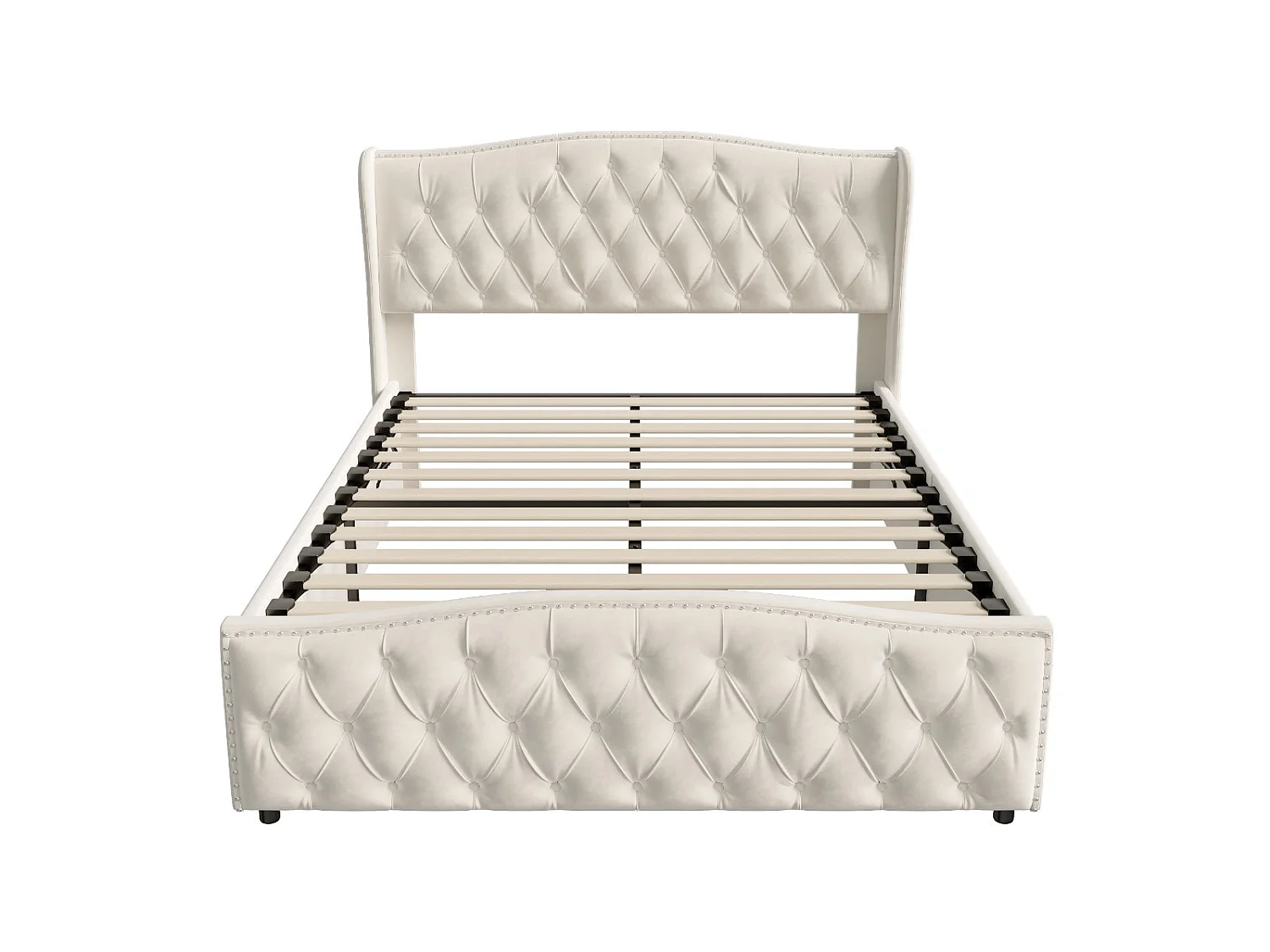 Lit coffre 160x200 cm blanc cassé, lit double rembourré avec tête de lit capitonnée, grand rangement sous le lit, sommier relevable