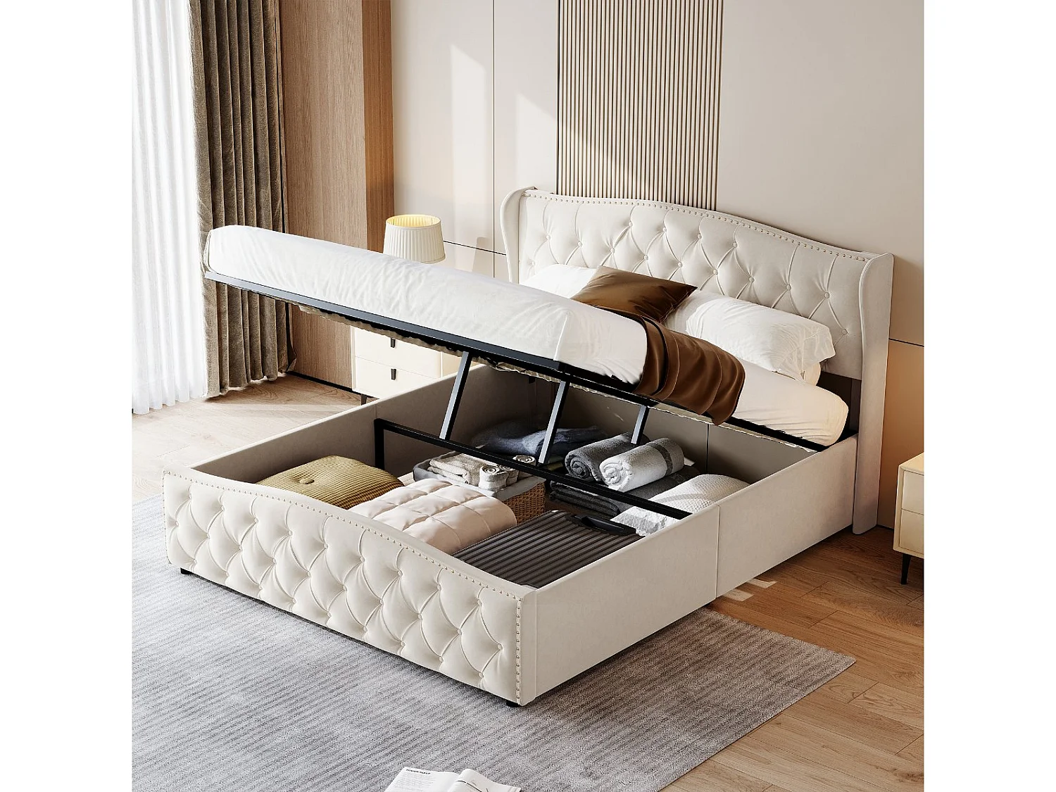 Lit coffre 160x200 cm blanc cassé, lit double rembourré avec tête de lit capitonnée, grand rangement sous le lit, sommier relevable