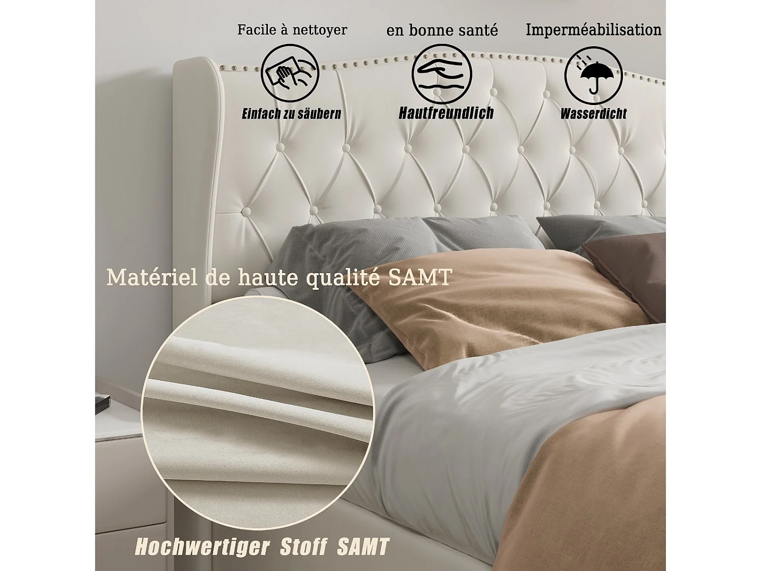Lit coffre 160x200 cm blanc cassé, lit double rembourré avec tête de lit capitonnée, grand rangement sous le lit, sommier relevable