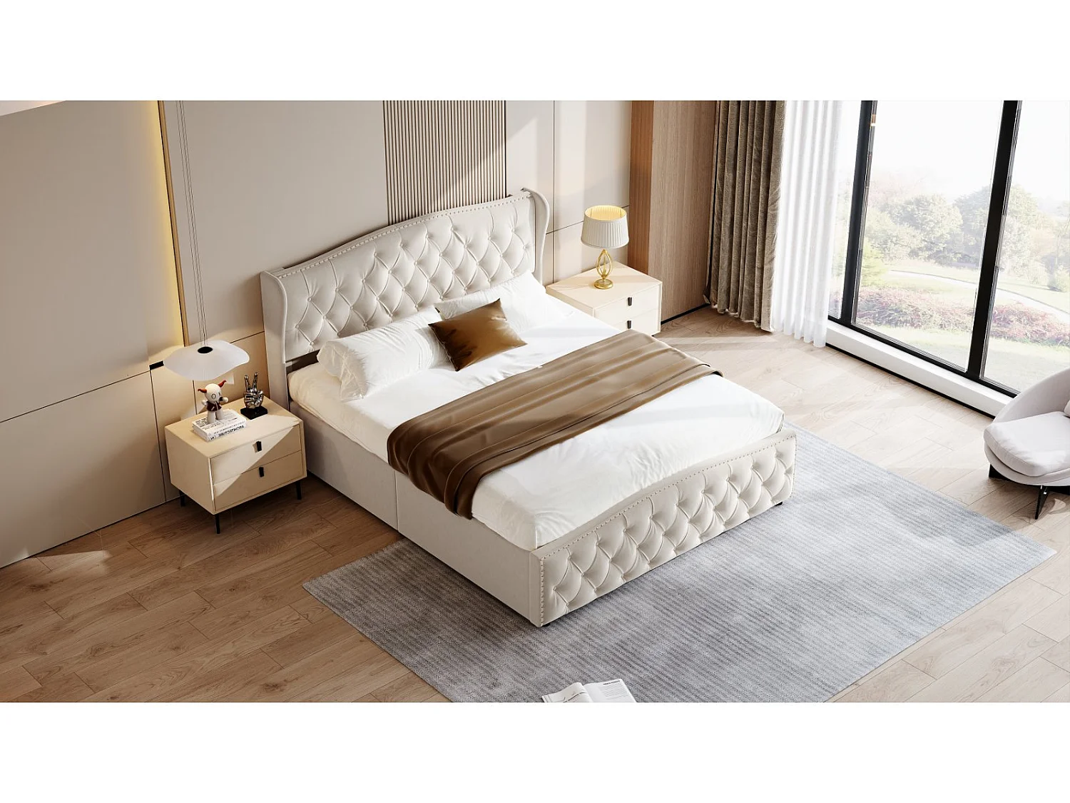 Lit coffre 160x200 cm blanc cassé, lit double rembourré avec tête de lit capitonnée, grand rangement sous le lit, sommier relevable