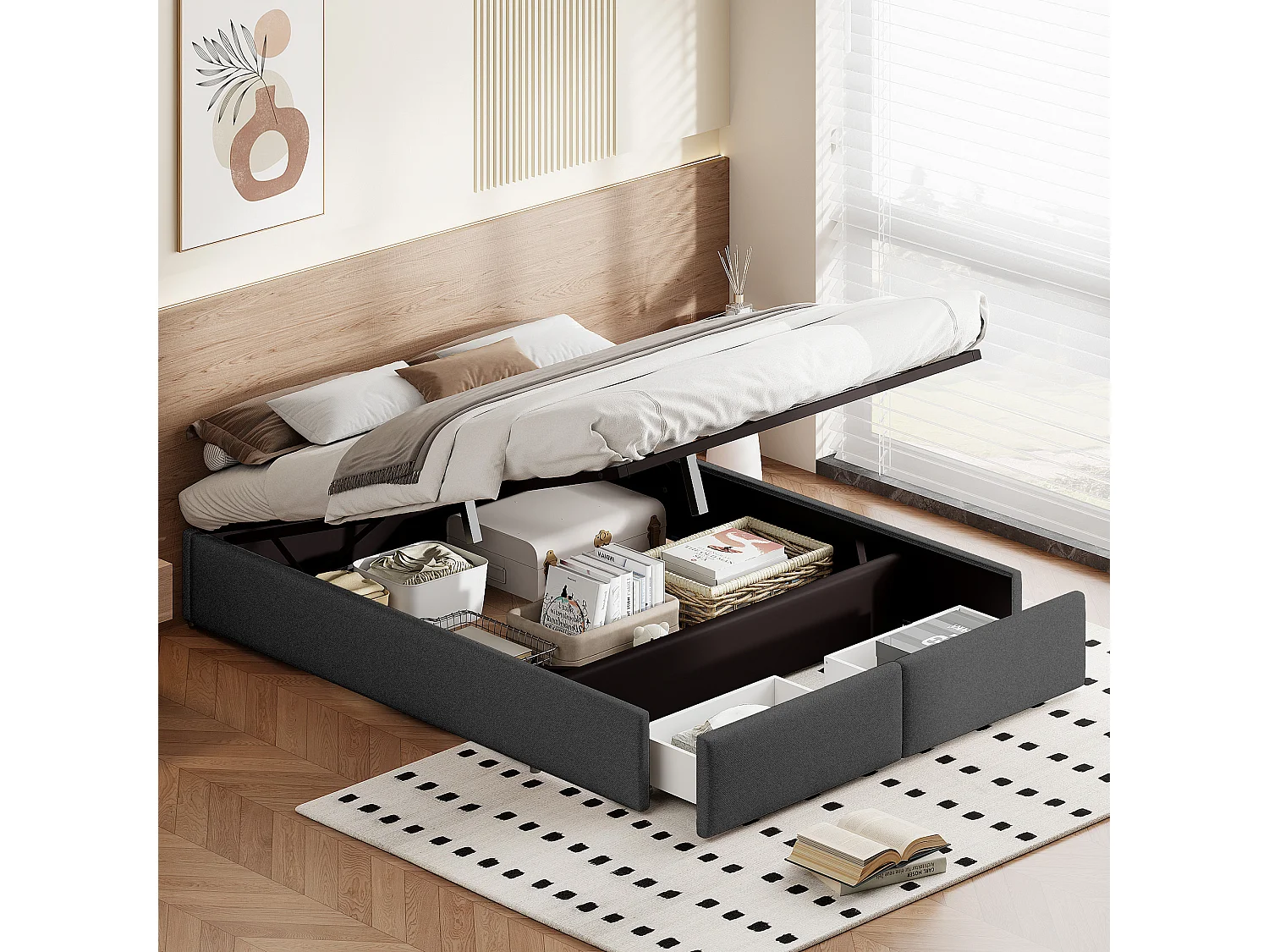 Cama de almacenamiento de 140x200cm - Cama doble con almacenamiento hidráulico y 2 cajones - Estructura de cama con somier de láminas de madera - Lino gris