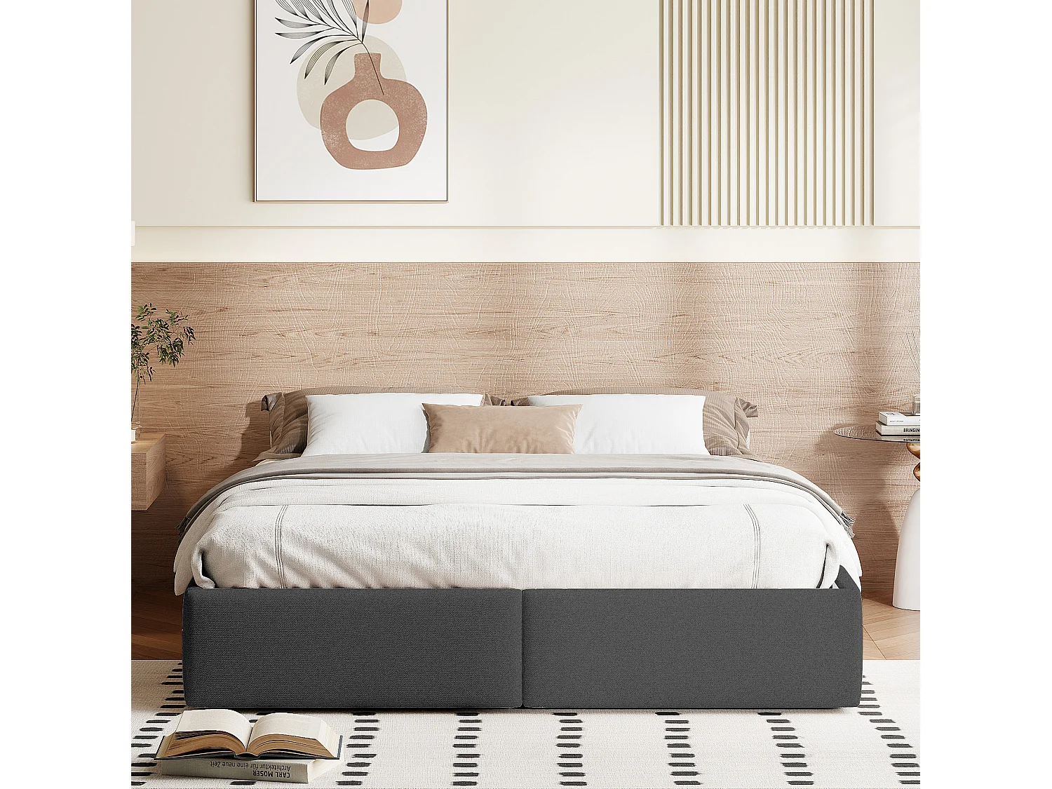 Cama de almacenamiento de 140x200cm - Cama doble con almacenamiento hidráulico y 2 cajones - Estructura de cama con somier de láminas de madera - Lino gris
