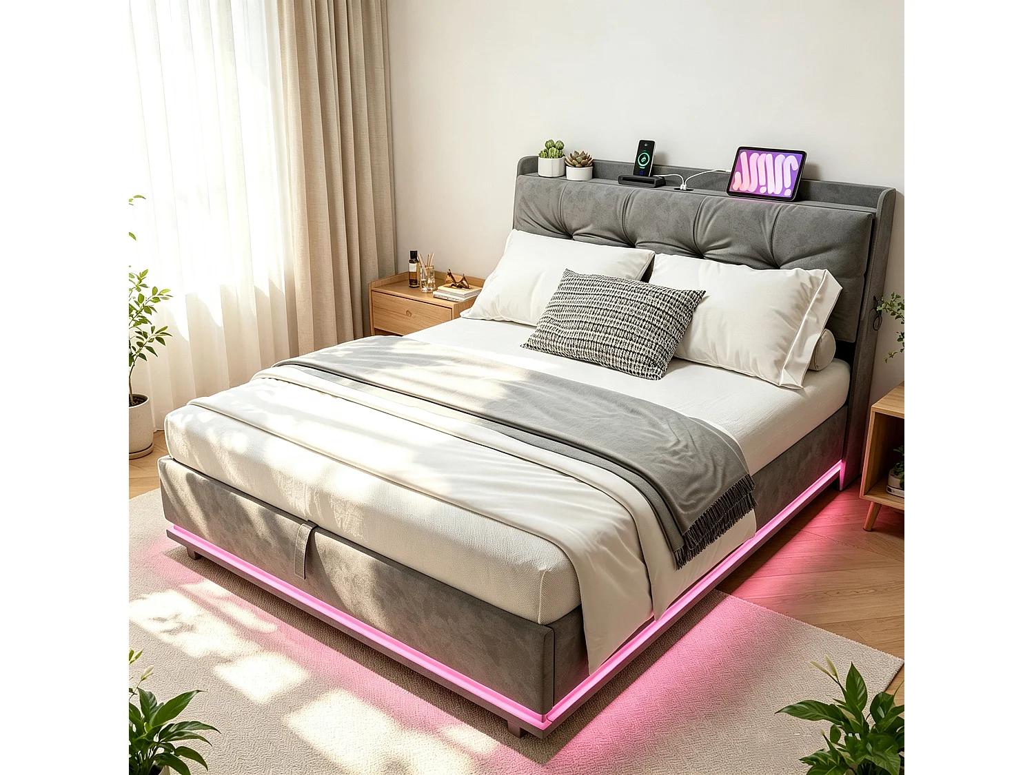 Lit Coffre 140x200cm avec Sommier- Lumières LED et USB Type-C Cadre de Lit- Tete de Lit capitonné en Velours- pour Adulte- Gris