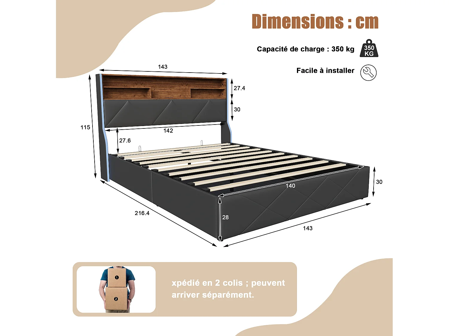 Lit coffre 140x200 cm noir avec tête de lit rembourrée, lit double avec grand rangement, LED intégrée et ports USB, sommier relevable