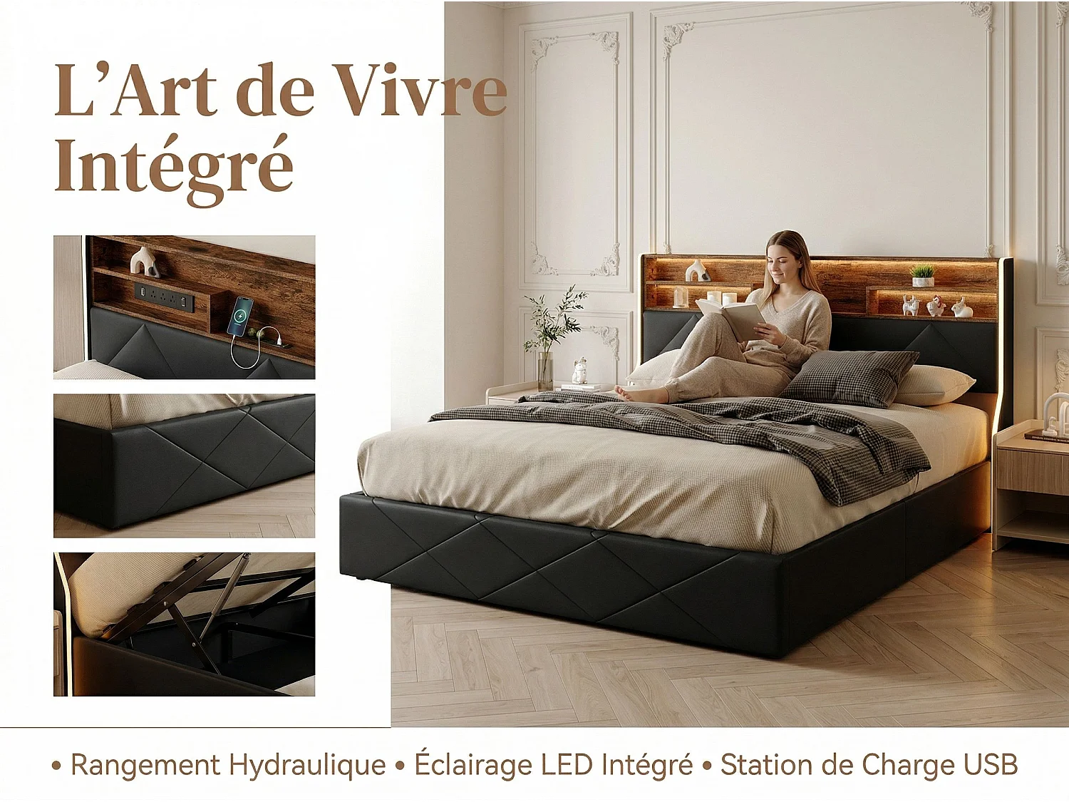 Lit coffre 140x200 cm noir avec tête de lit rembourrée, lit double avec grand rangement, LED intégrée et ports USB, sommier relevable