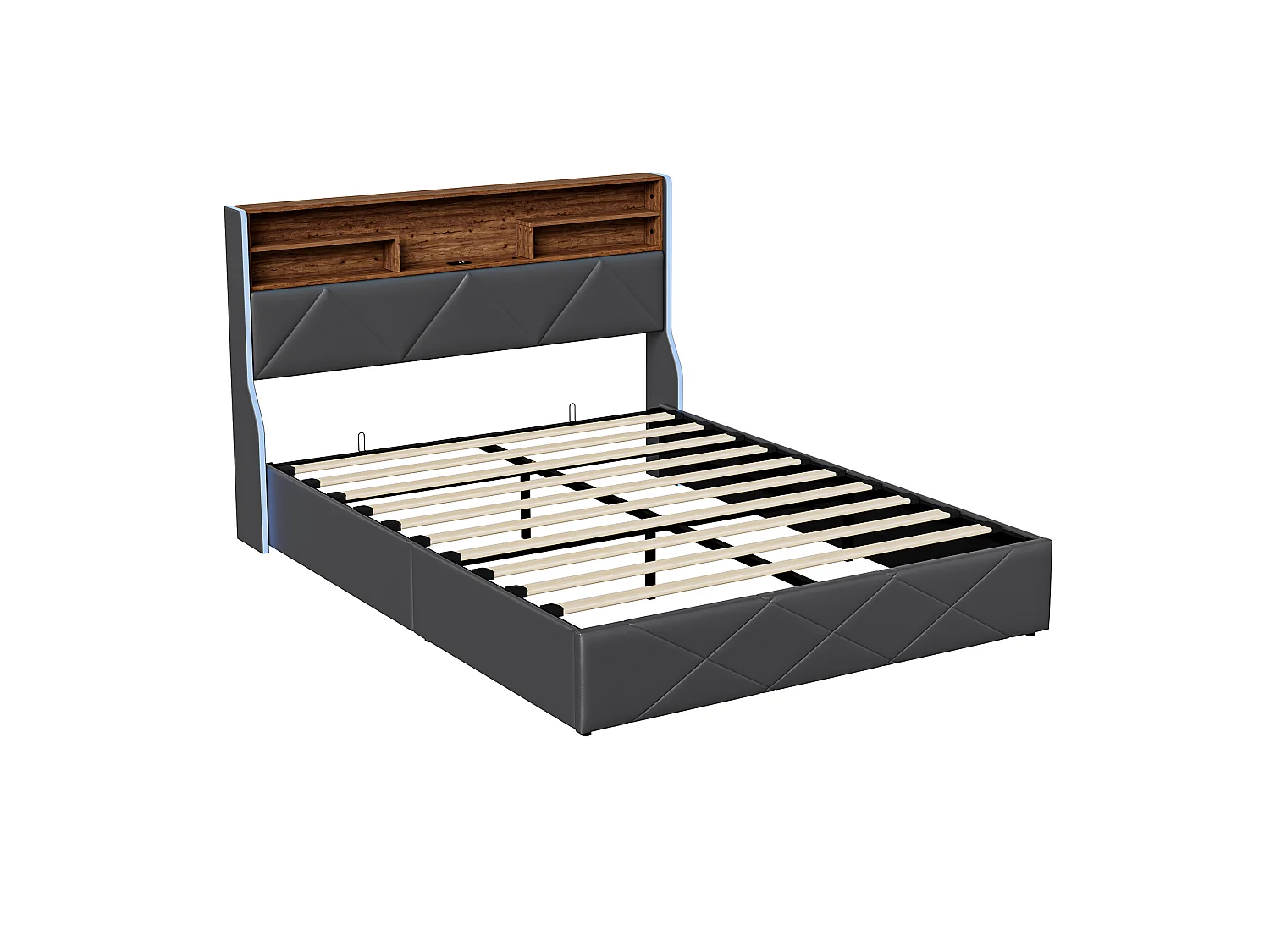 Lit coffre 140x200 cm noir avec tête de lit rembourrée, lit double avec grand rangement, LED intégrée et ports USB, sommier relevable