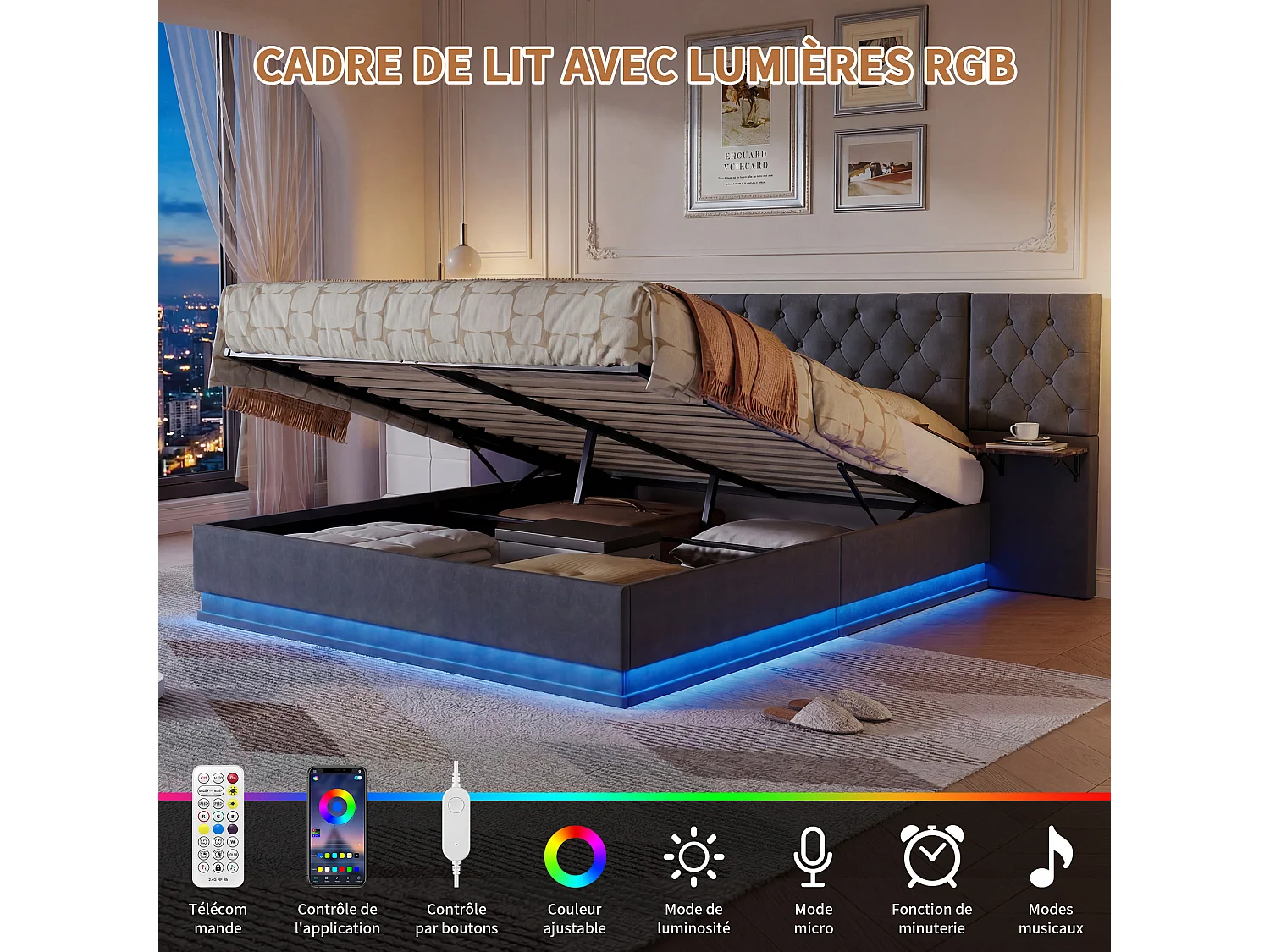 Cama de lino de 140x200cm con cabecero con carga inalámbrica y USB tipo C - Cama doble con somier de láminas de madera - Para adultos - Gris