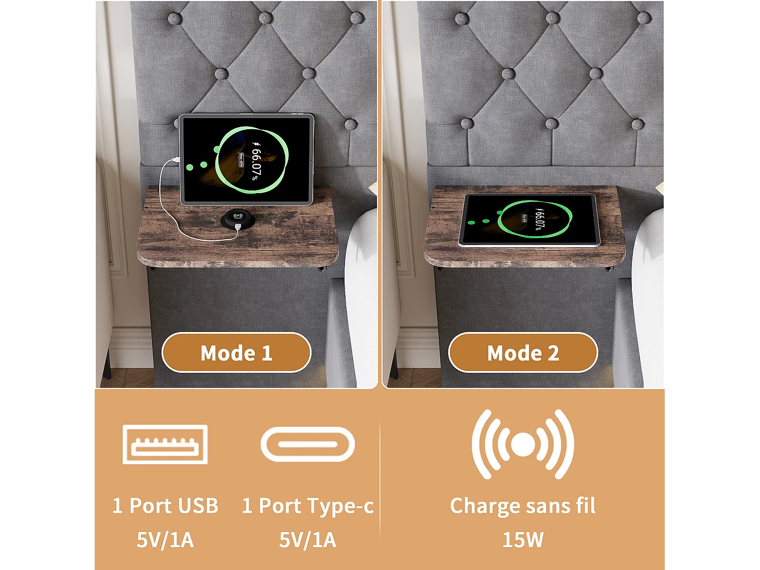 Cama de lino de 140x200cm con cabecero con carga inalámbrica y USB tipo C - Cama doble con somier de láminas de madera - Para adultos - Gris