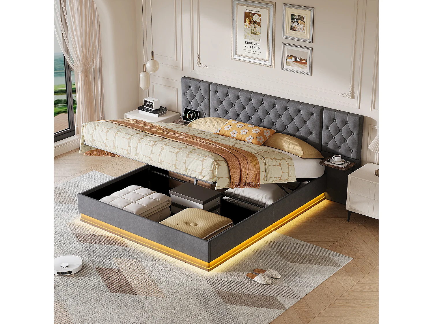 Cama de lino de 140x200cm con cabecero con carga inalámbrica y USB tipo C - Cama doble con somier de láminas de madera - Para adultos - Gris