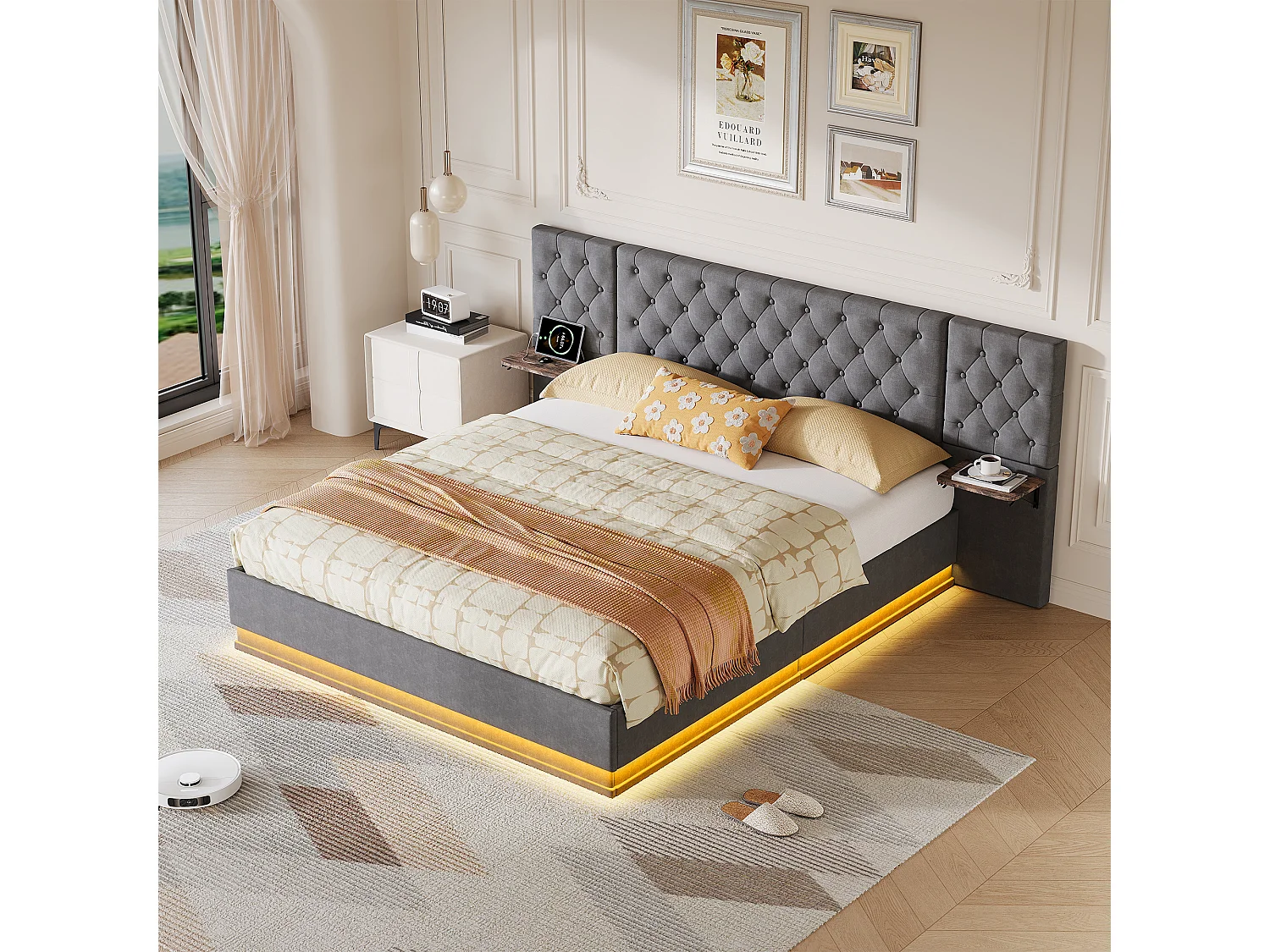 Cama de lino de 140x200cm con cabecero con carga inalámbrica y USB tipo C - Cama doble con somier de láminas de madera - Para adultos - Gris