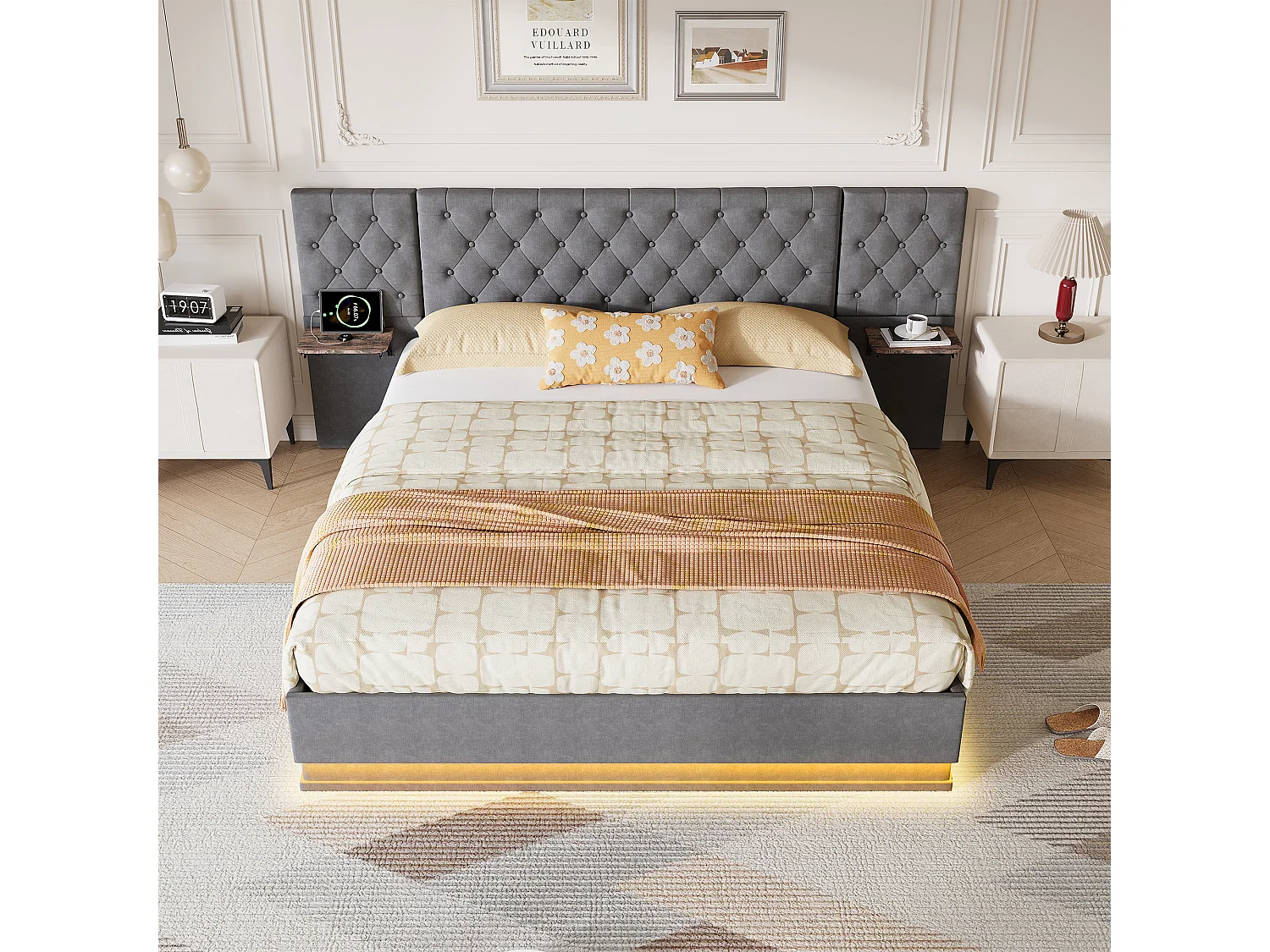 Cama de lino de 140x200cm con cabecero con carga inalámbrica y USB tipo C - Cama doble con somier de láminas de madera - Para adultos - Gris
