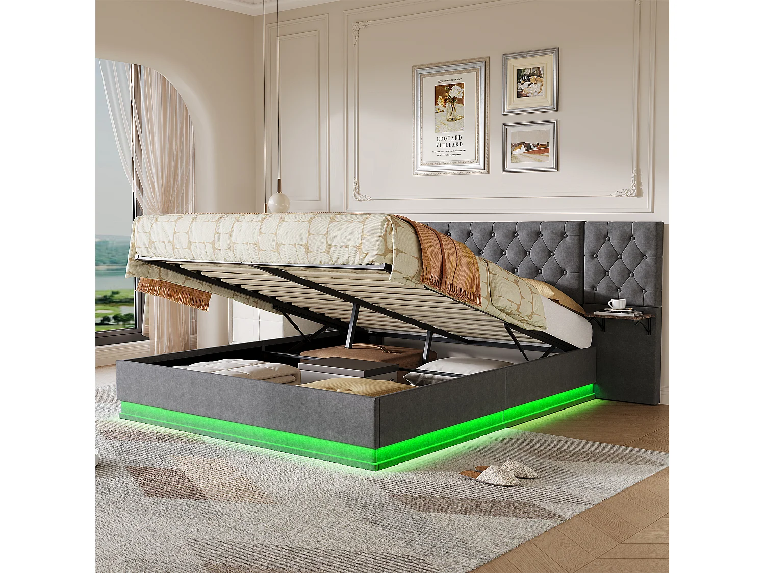 Cama de lino de 140x200cm con cabecero con carga inalámbrica y USB tipo C - Cama doble con somier de láminas de madera - Para adultos - Gris