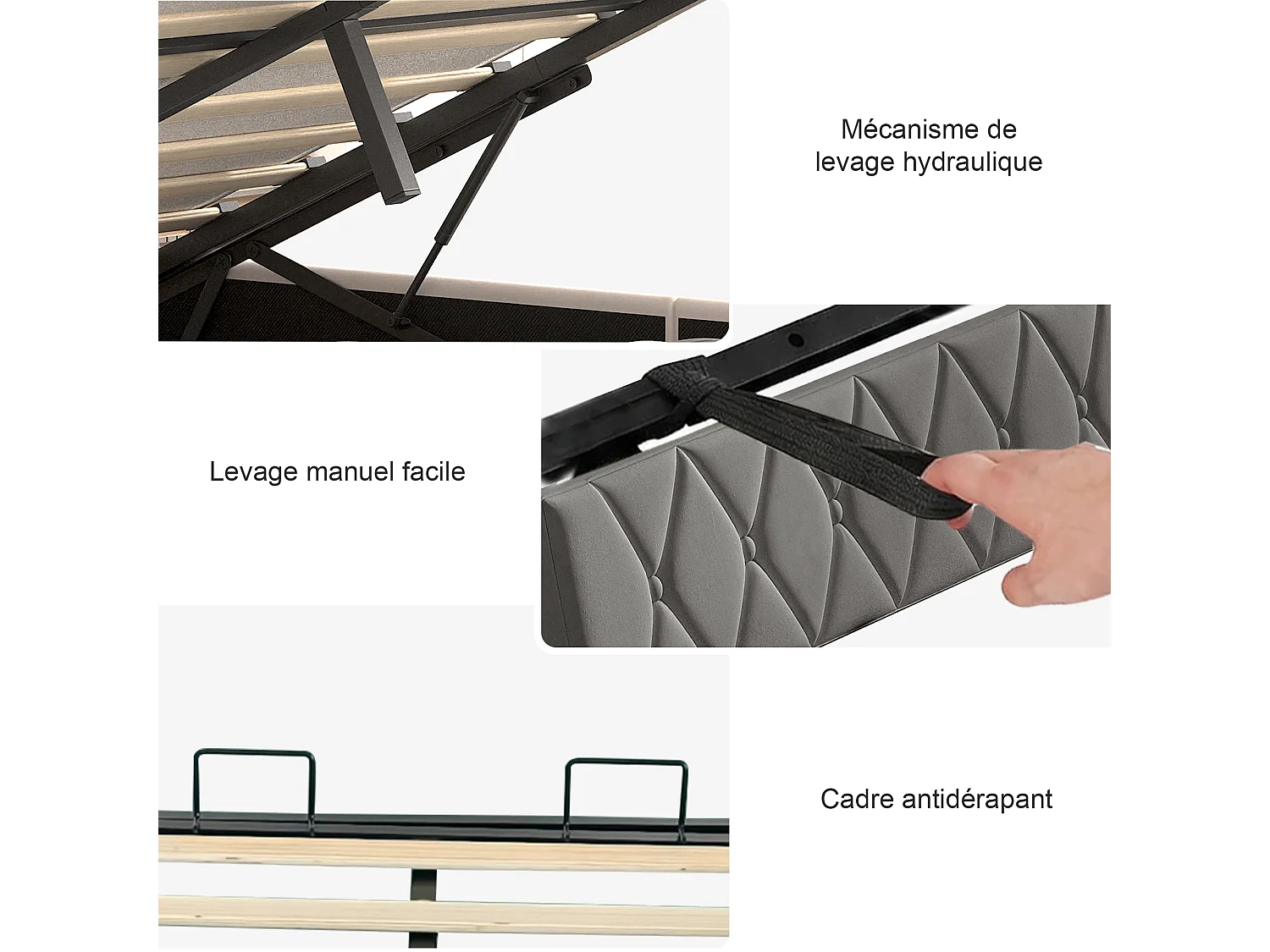 Lit Coffre 160x200 Gris avec Éclairage LED et USB/Type-C- Tête de lit Rembourré - Lit  2 place velours avec sommier- pour Ado Adulte