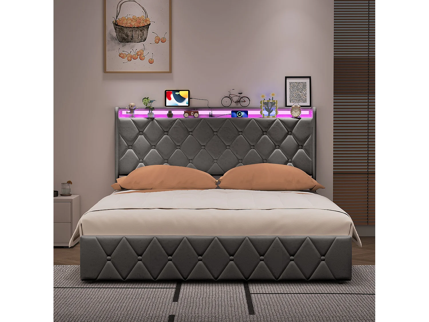 Lit Coffre 160x200 Gris avec Éclairage LED et USB/Type-C- Tête de lit Rembourré - Lit  2 place velours avec sommier- pour Ado Adulte