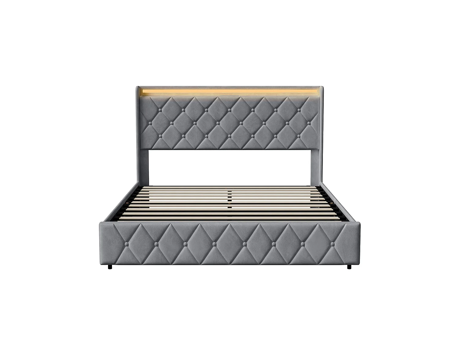 Lit Coffre 160x200 Gris avec Éclairage LED et USB/Type-C- Tête de lit Rembourré - Lit  2 place velours avec sommier- pour Ado Adulte