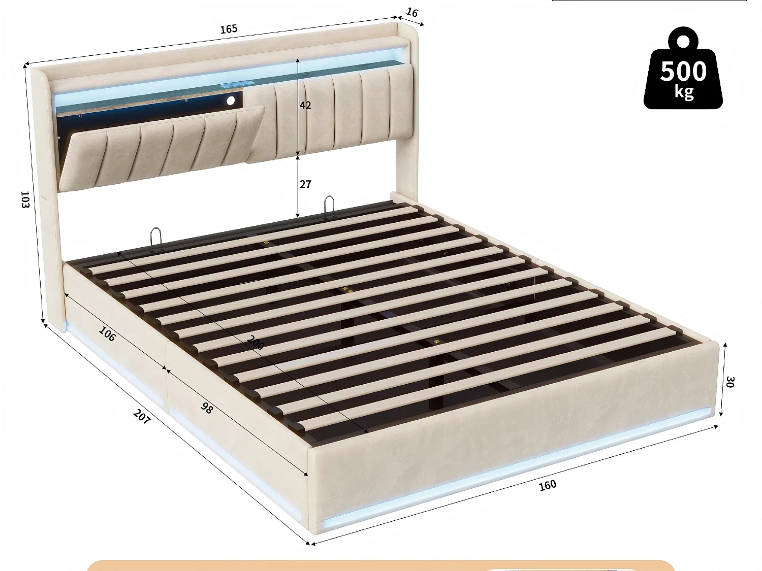 Lit coffre 160x200 cm Beige – lit double rembourré avec tête de lit, LED, prises USB, rangement hydraulique et sommier à lattes
