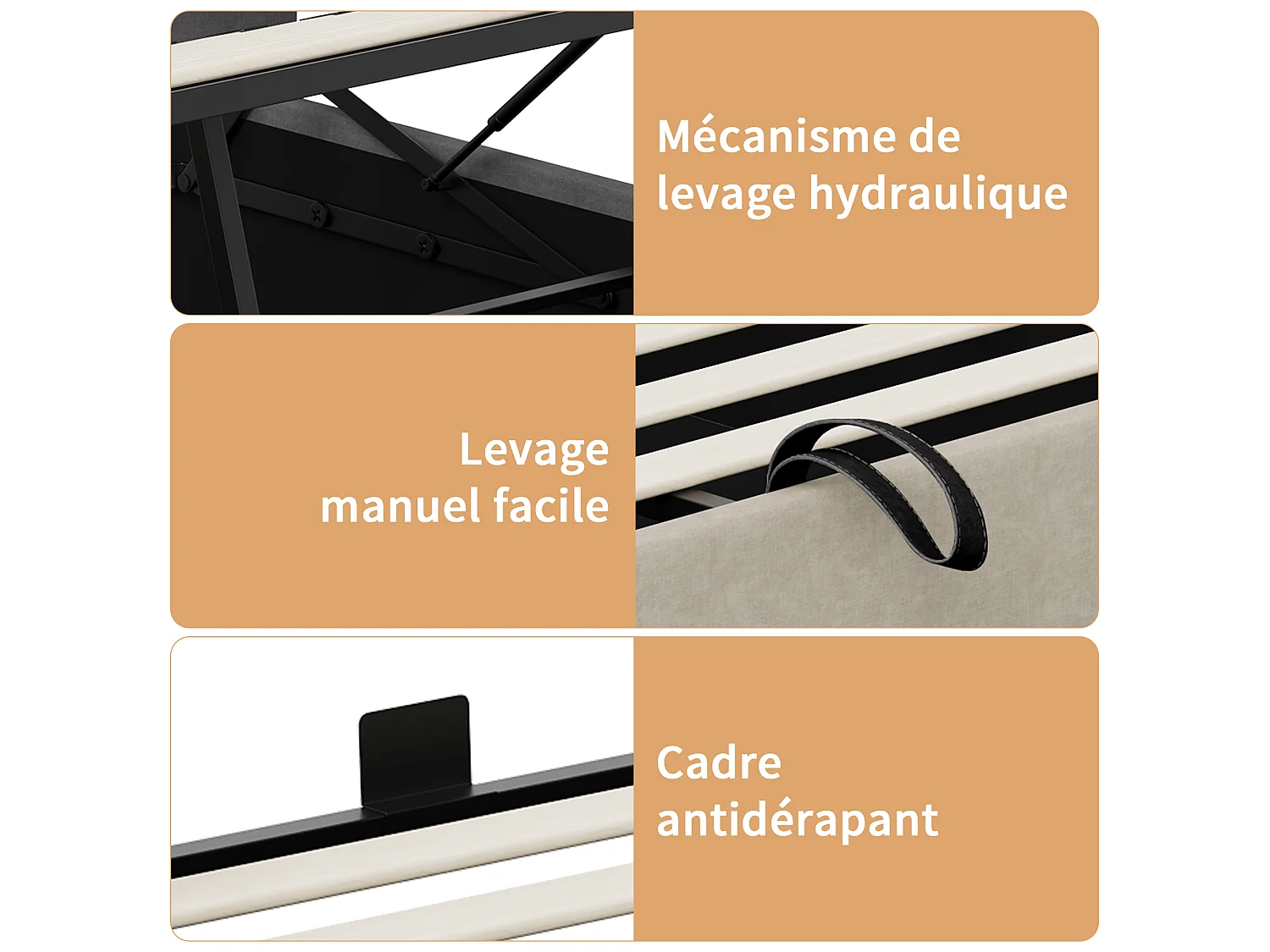 Cama de lino de 160x200cm con cabecero con carga inalámbrica y USB tipo C - Cama doble con somier de láminas - Para adultos - Beige