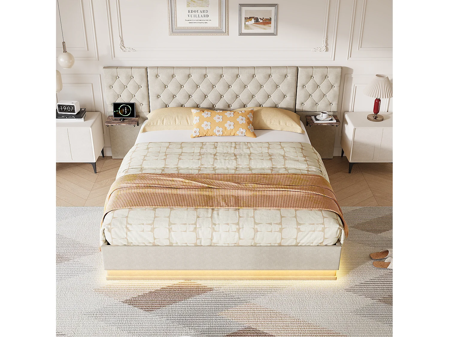 Cama de lino de 160x200cm con cabecero con carga inalámbrica y USB tipo C - Cama doble con somier de láminas - Para adultos - Beige