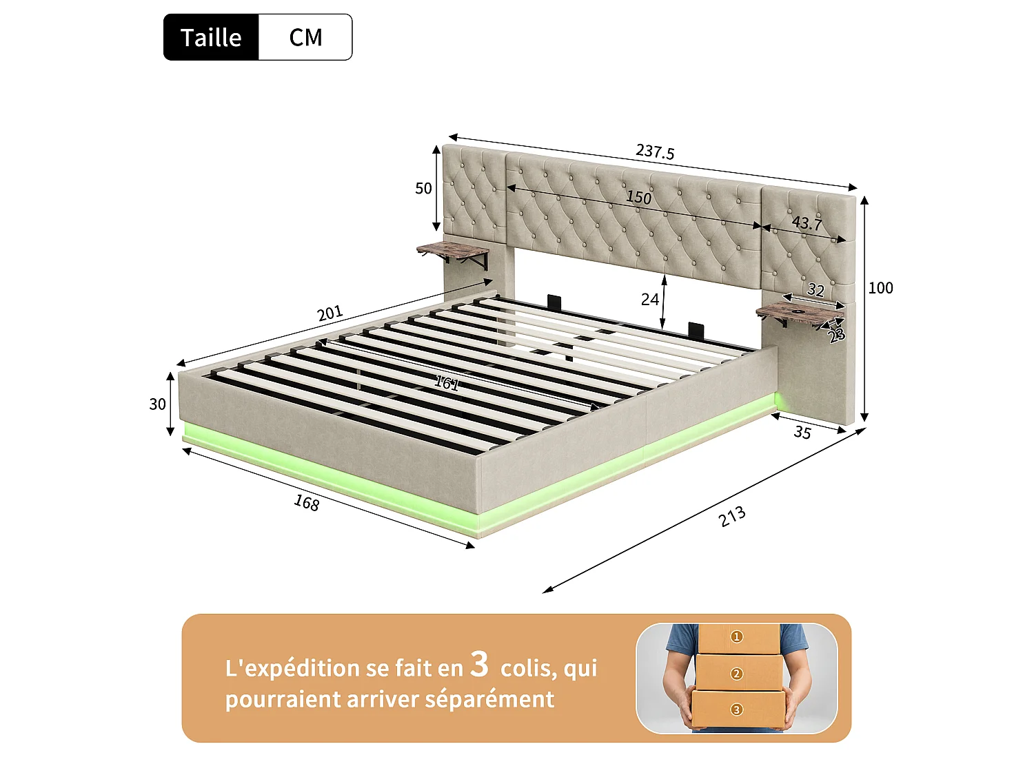 Cama de lino de 160x200cm con cabecero con carga inalámbrica y USB tipo C - Cama doble con somier de láminas - Para adultos - Beige