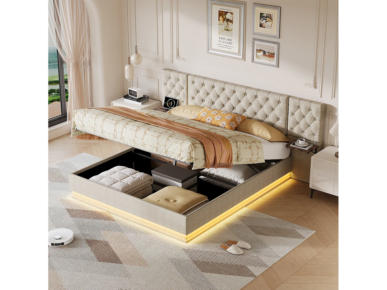 Cama de lino de 160x200cm con cabecero con carga inalámbrica y USB tipo C - Cama doble con somier de láminas - Para adultos - Beige