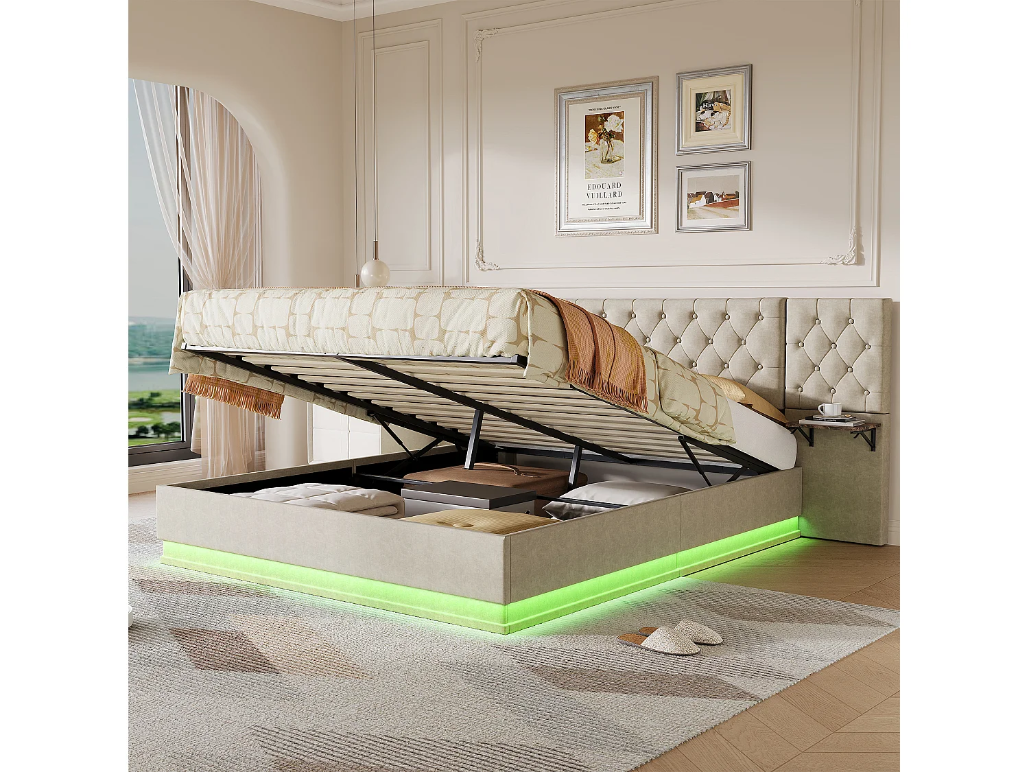 Cama de lino de 160x200cm con cabecero con carga inalámbrica y USB tipo C - Cama doble con somier de láminas - Para adultos - Beige