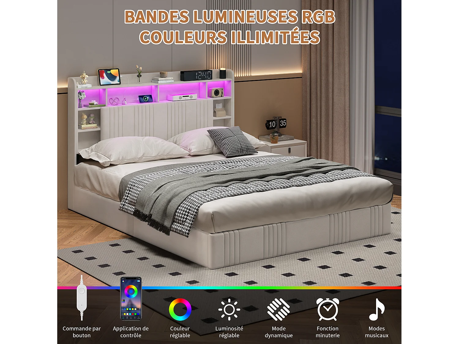 Cadre de Lit 160x200 avec Sommier Bois Lit Coffre Double avec LED et 2 Prises/USB,Tête de Lits Beige avec Étagère Ouverte