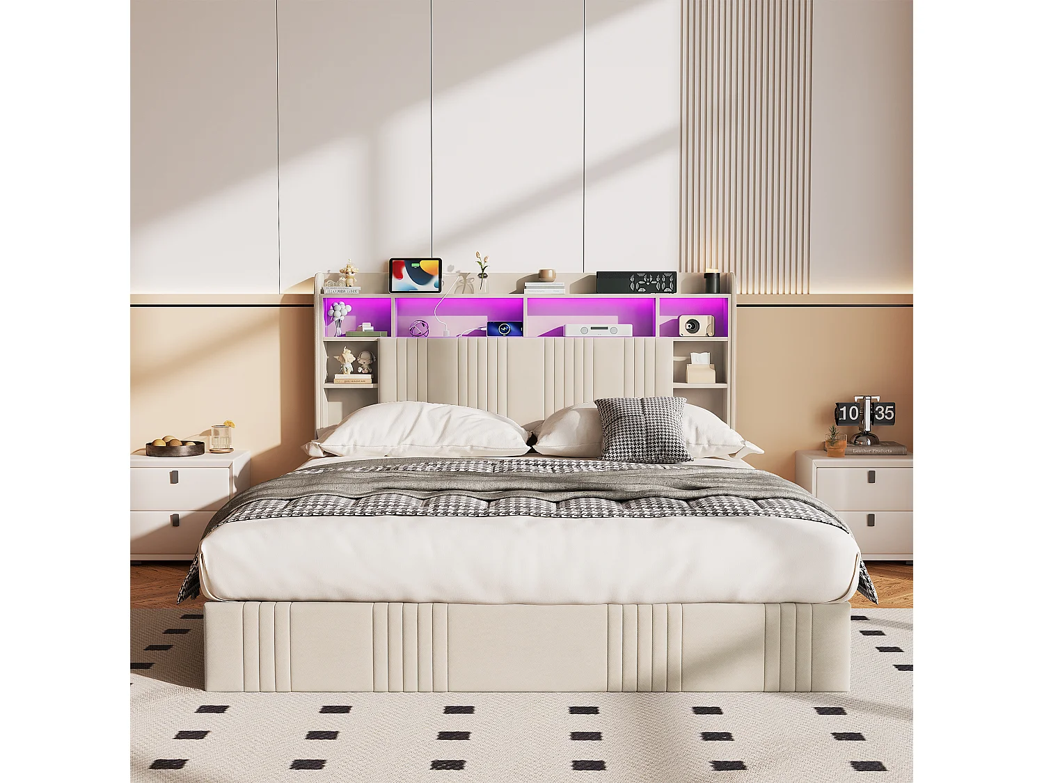 Cadre de Lit 160x200 avec Sommier Bois Lit Coffre Double avec LED et 2 Prises/USB,Tête de Lits Beige avec Étagère Ouverte