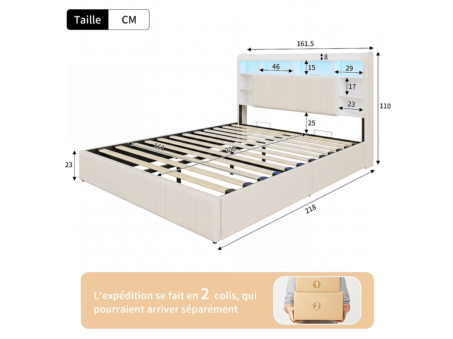 Cadre de Lit 160x200 avec Sommier Bois Lit Coffre Double avec LED et 2 Prises/USB,Tête de Lits Beige avec Étagère Ouverte