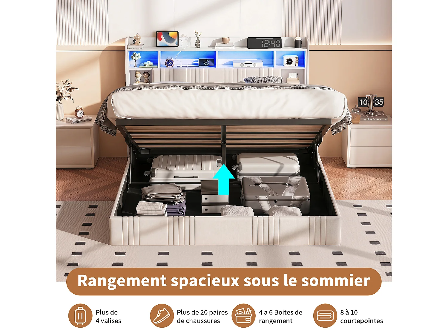 Cadre de Lit 160x200 avec Sommier Bois Lit Coffre Double avec LED et 2 Prises/USB,Tête de Lits Beige avec Étagère Ouverte