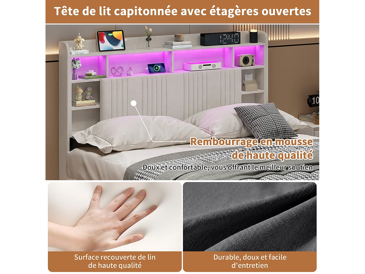 Cadre de Lit 160x200 avec Sommier Bois Lit Coffre Double avec LED et 2 Prises/USB,Tête de Lits Beige avec Étagère Ouverte