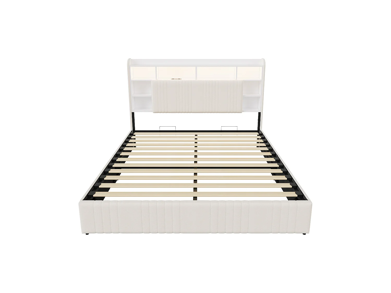 Cadre de Lit 160x200 avec Sommier Bois Lit Coffre Double avec LED et 2 Prises/USB,Tête de Lits Beige avec Étagère Ouverte