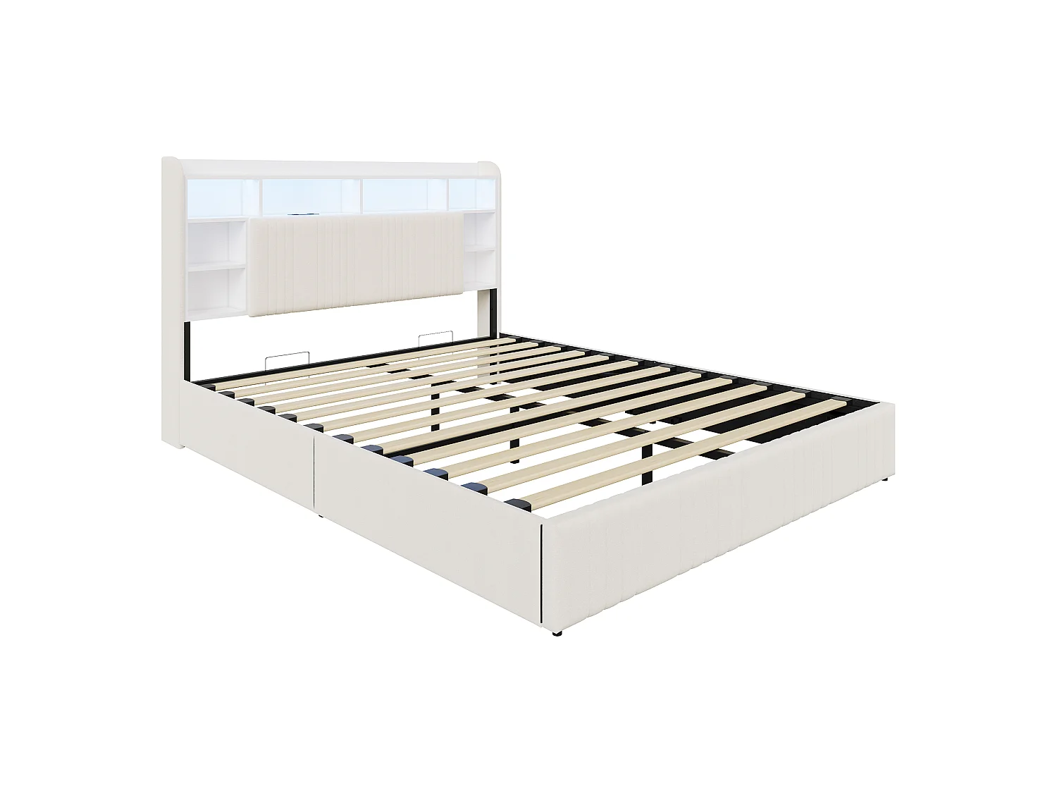 Cadre de Lit 160x200 avec Sommier Bois Lit Coffre Double avec LED et 2 Prises/USB,Tête de Lits Beige avec Étagère Ouverte
