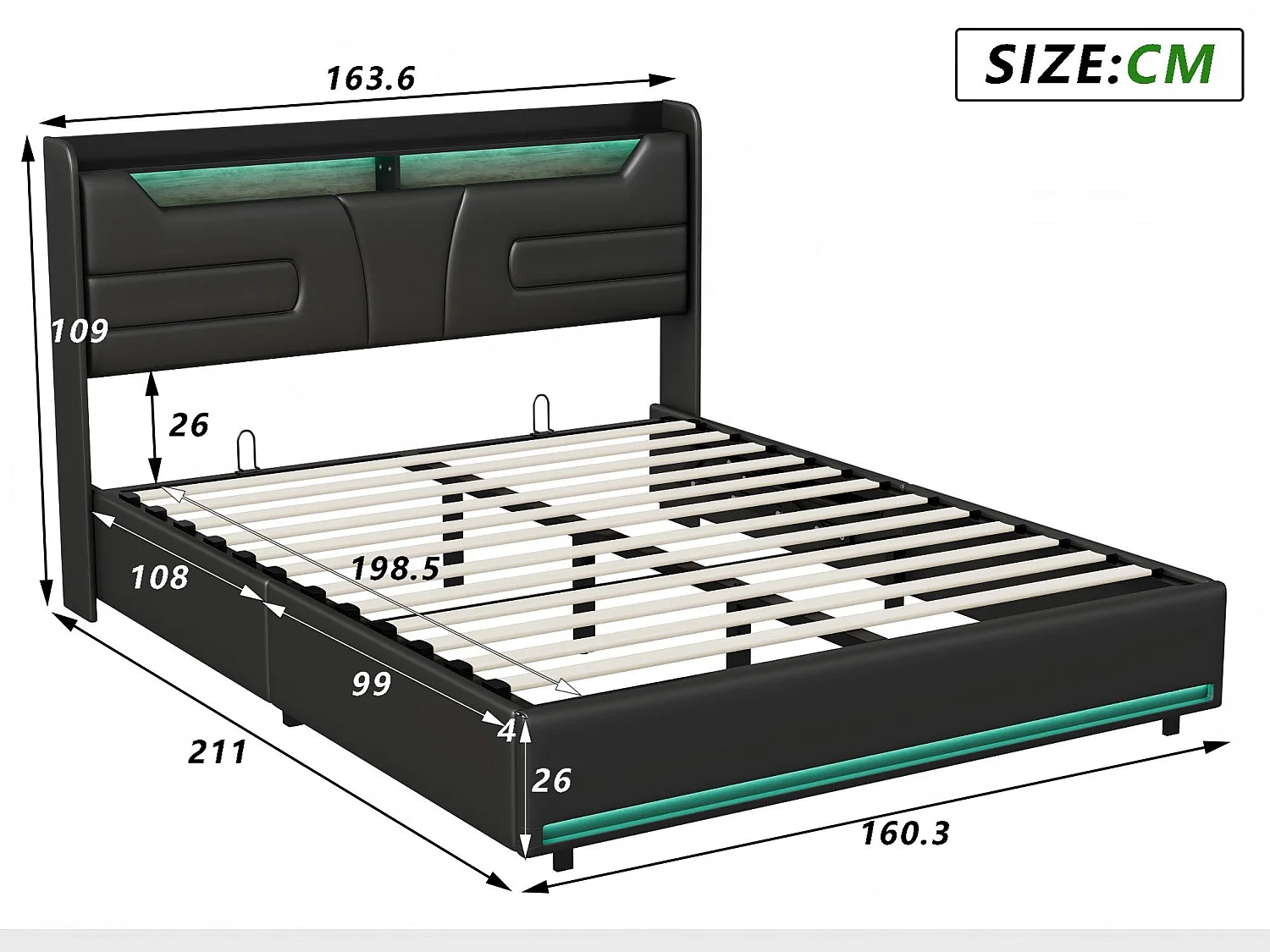 Lit coffre 160x200 cm noir avec sommier à lattes, rangement hydraulique spacieux, lit double avec tête de lit rembourrée et éclairage LED