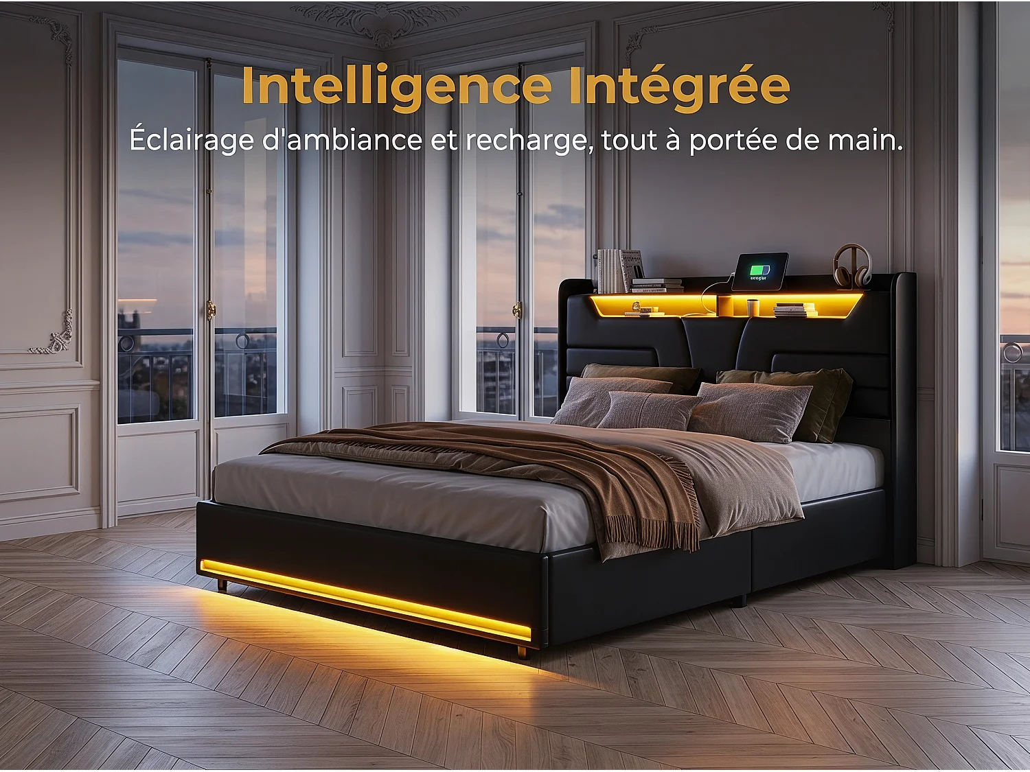 Lit coffre 160x200 cm noir avec sommier à lattes, rangement hydraulique spacieux, lit double avec tête de lit rembourrée et éclairage LED