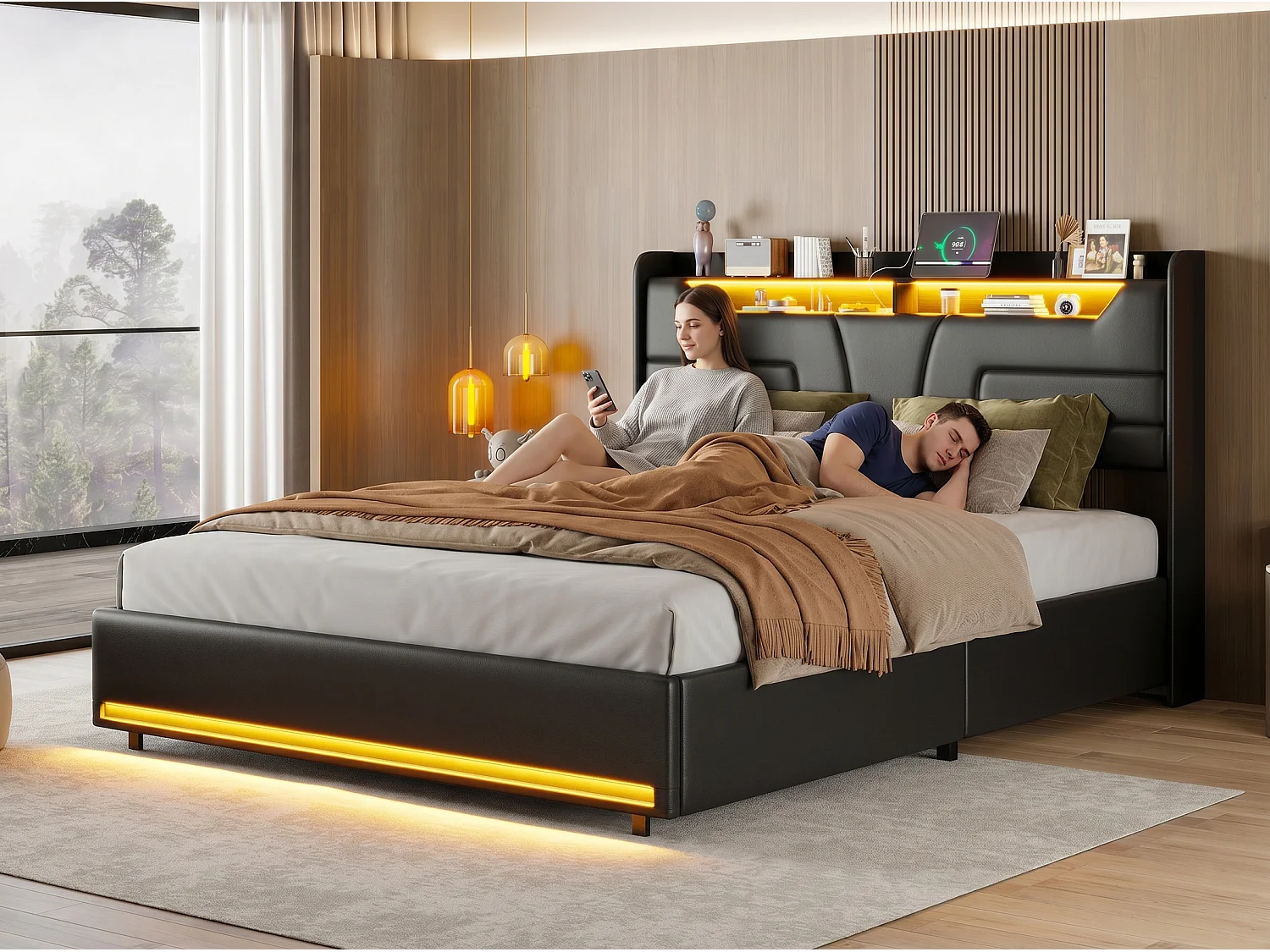 Lit coffre 160x200 cm noir avec sommier à lattes, rangement hydraulique spacieux, lit double avec tête de lit rembourrée et éclairage LED