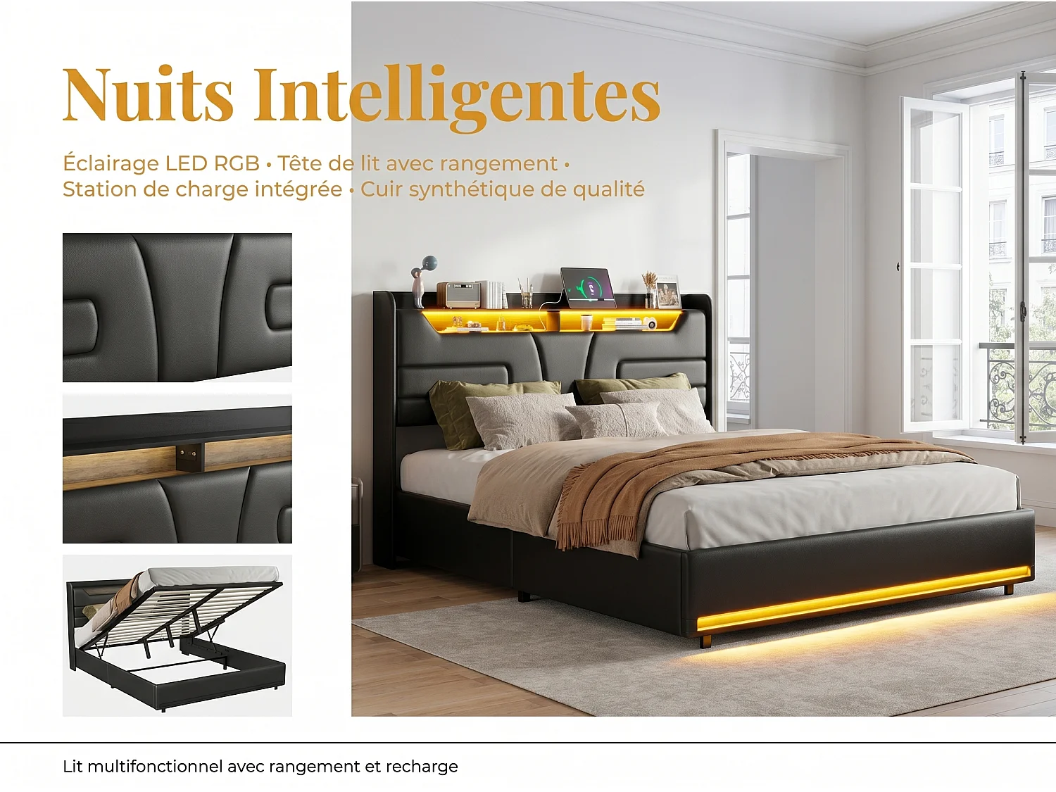 Lit coffre 160x200 cm noir avec sommier à lattes, rangement hydraulique spacieux, lit double avec tête de lit rembourrée et éclairage LED