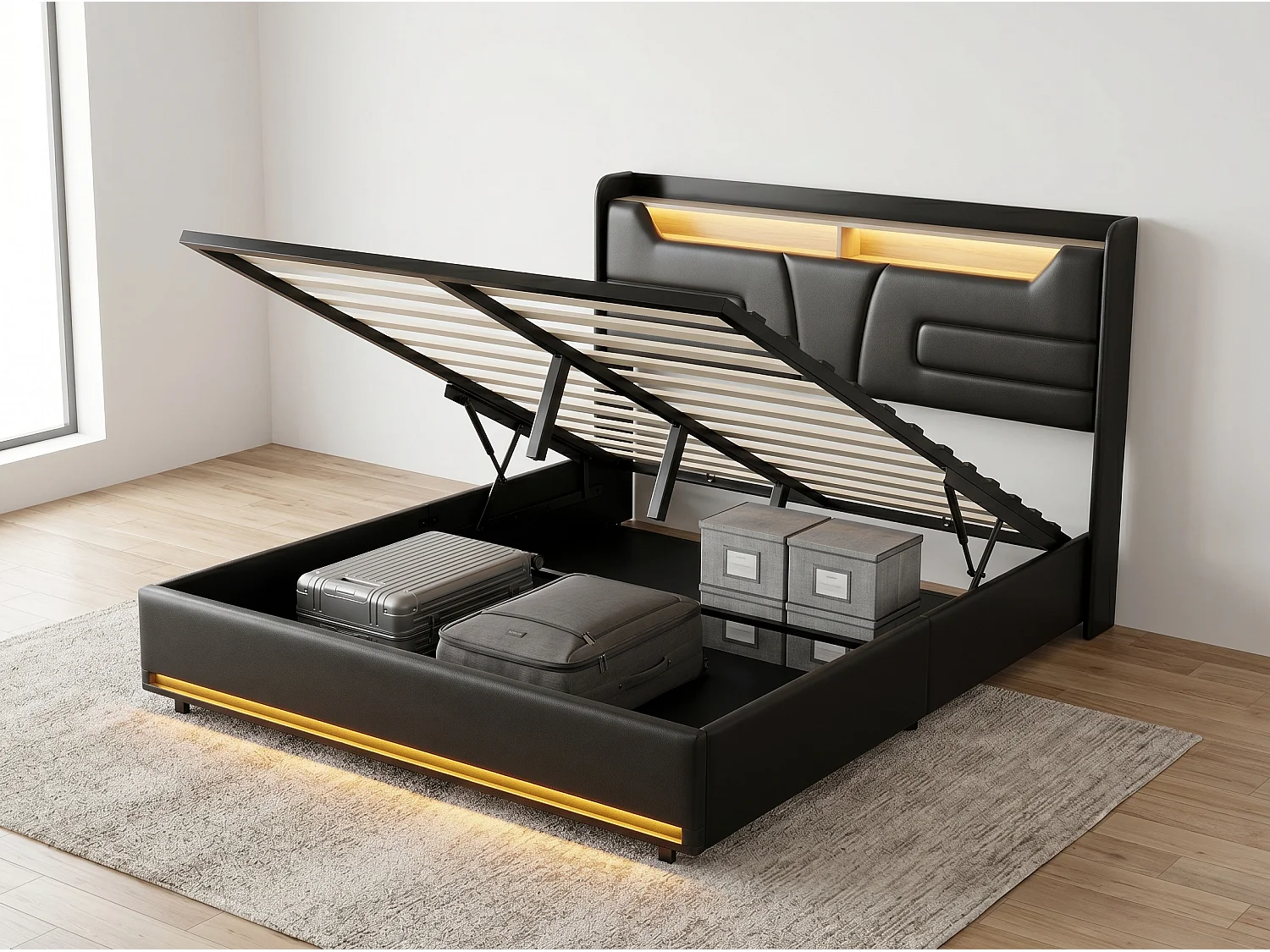 Lit coffre 160x200 cm noir avec sommier à lattes, rangement hydraulique spacieux, lit double avec tête de lit rembourrée et éclairage LED