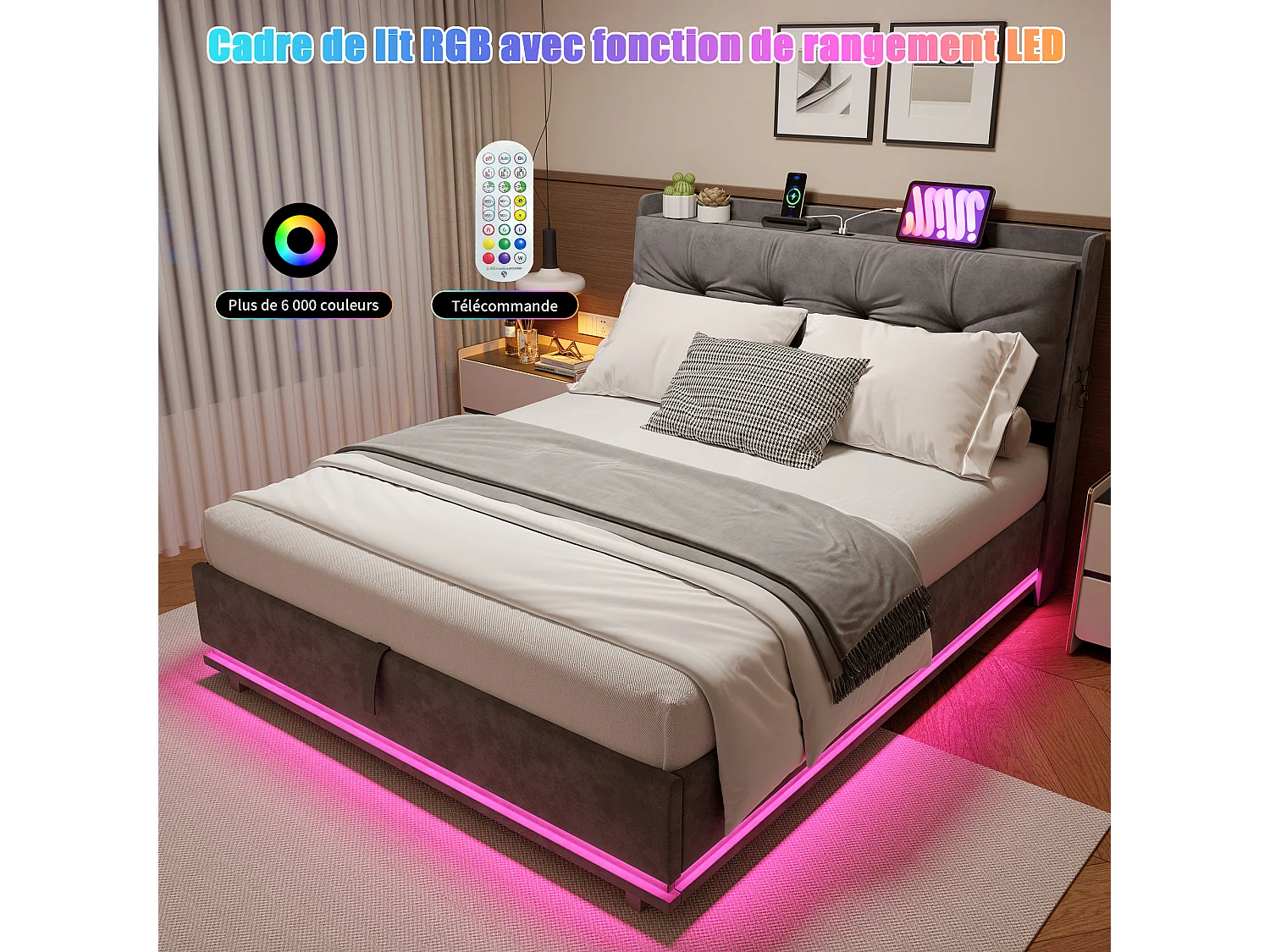 Lit Coffre 140x190cm avec Sommier- Lumières LED et USB Type-C Cadre de Lit- Tete de Lit capitonné en Velours- pour Adulte- Gris