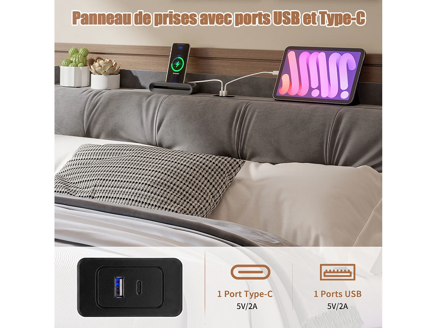 Lit Coffre 140x190cm avec Sommier- Lumières LED et USB Type-C Cadre de Lit- Tete de Lit capitonné en Velours- pour Adulte- Gris