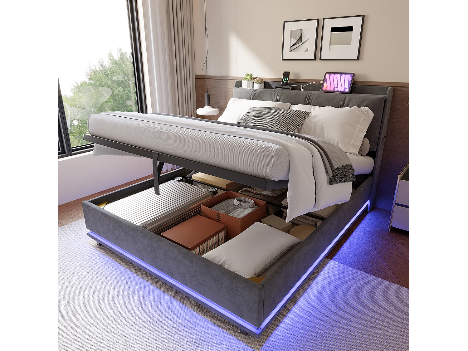 Lit Coffre 140x190cm avec Sommier- Lumières LED et USB Type-C Cadre de Lit- Tete de Lit capitonné en Velours- pour Adulte- Gris