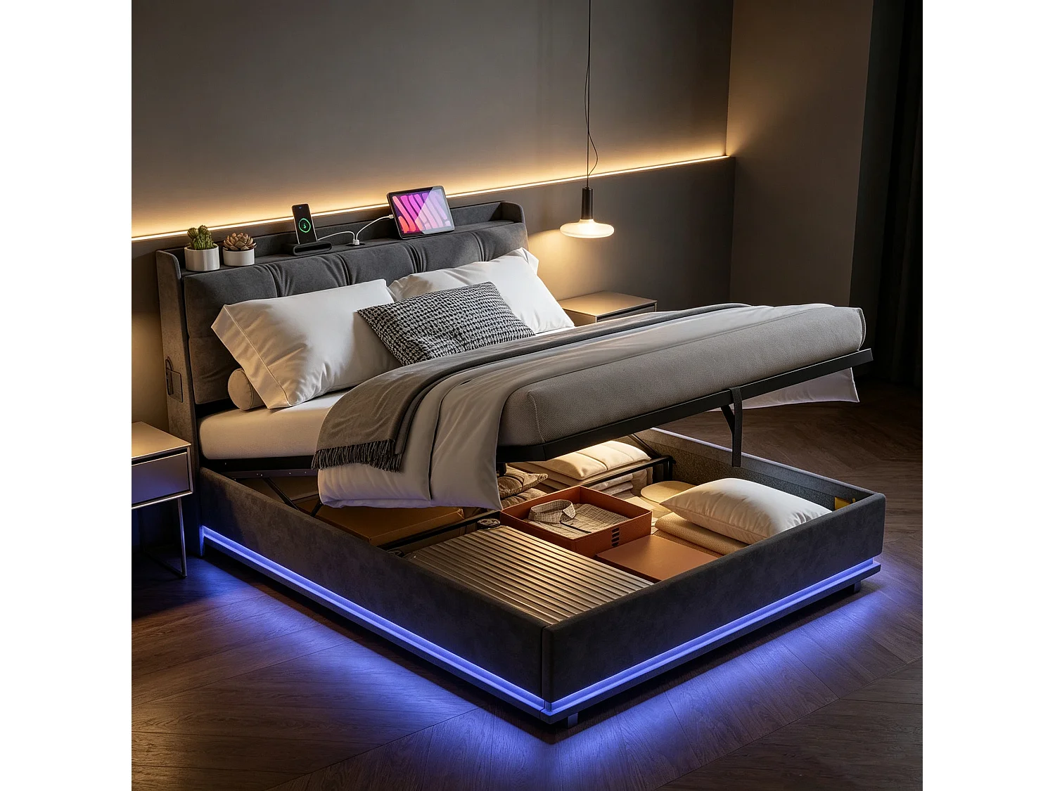 Lit Coffre 140x190cm avec Sommier- Lumières LED et USB Type-C Cadre de Lit- Tete de Lit capitonné en Velours- pour Adulte- Gris