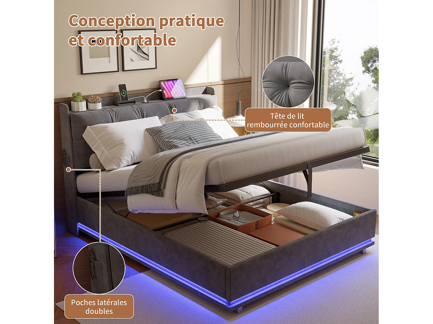 Lit Coffre 140x190cm avec Sommier- Lumières LED et USB Type-C Cadre de Lit- Tete de Lit capitonné en Velours- pour Adulte- Gris