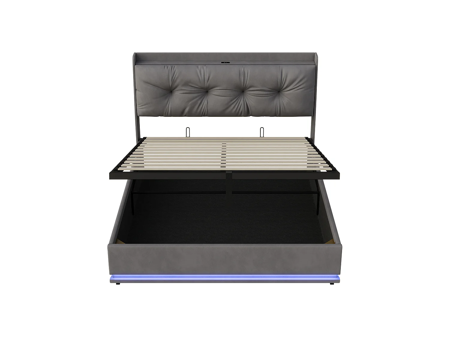 Lit Coffre 140x190cm avec Sommier- Lumières LED et USB Type-C Cadre de Lit- Tete de Lit capitonné en Velours- pour Adulte- Gris