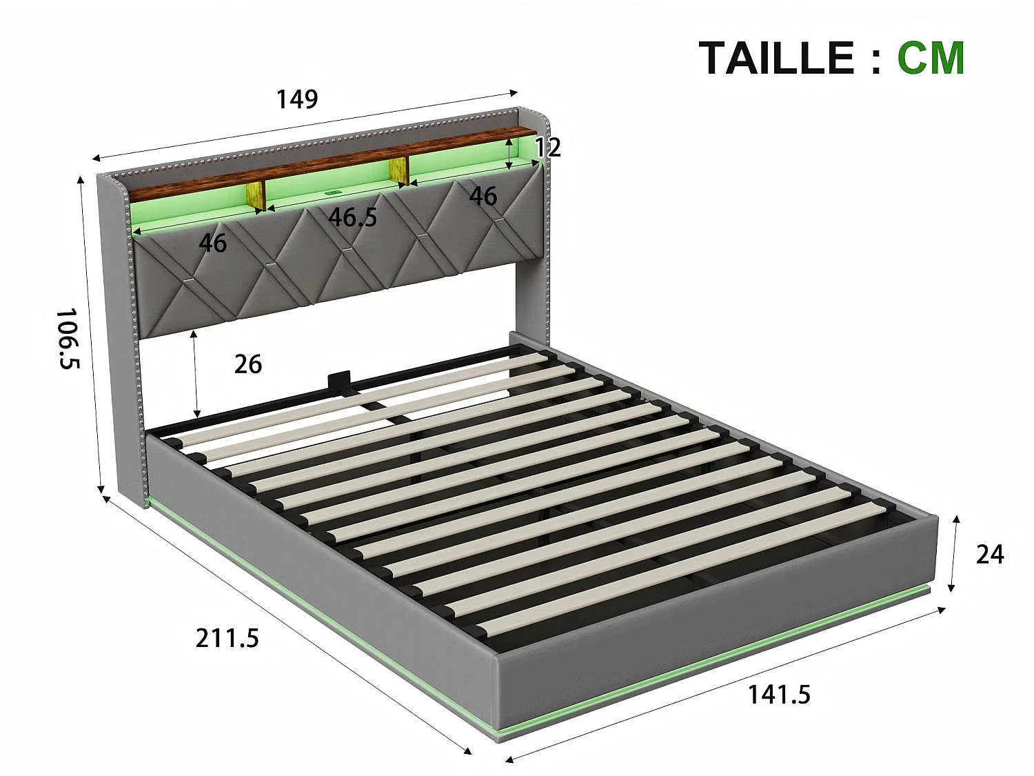 Lit coffre 140x200 cm - LED intégrée et rangement - Tête de lit avec étagères - Sommier relevable