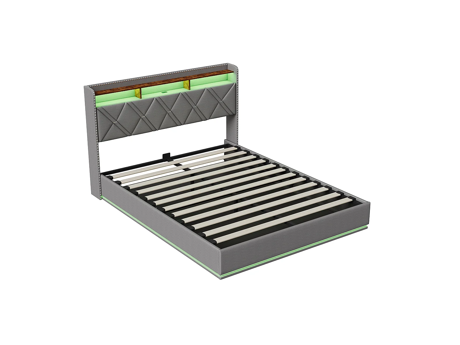 Lit coffre 140x200 cm - LED intégrée et rangement - Tête de lit avec étagères - Sommier relevable