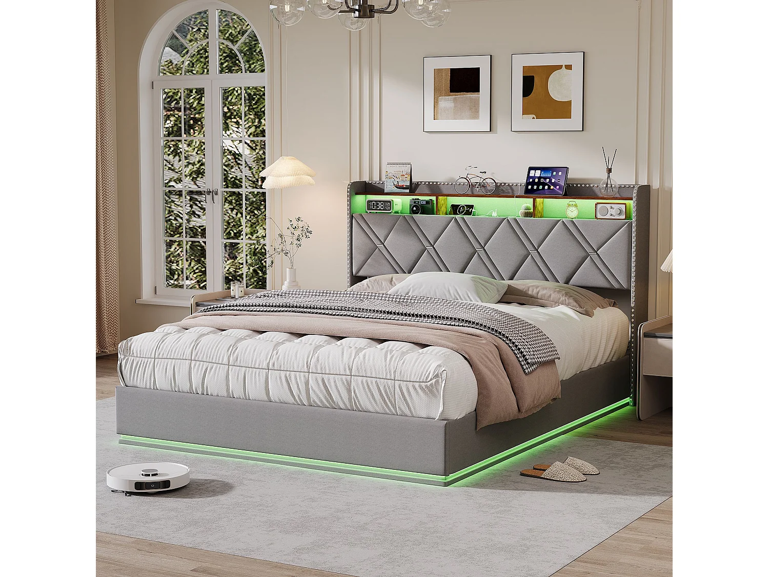 Lit coffre 140x200 cm - LED intégrée et rangement - Tête de lit avec étagères - Sommier relevable