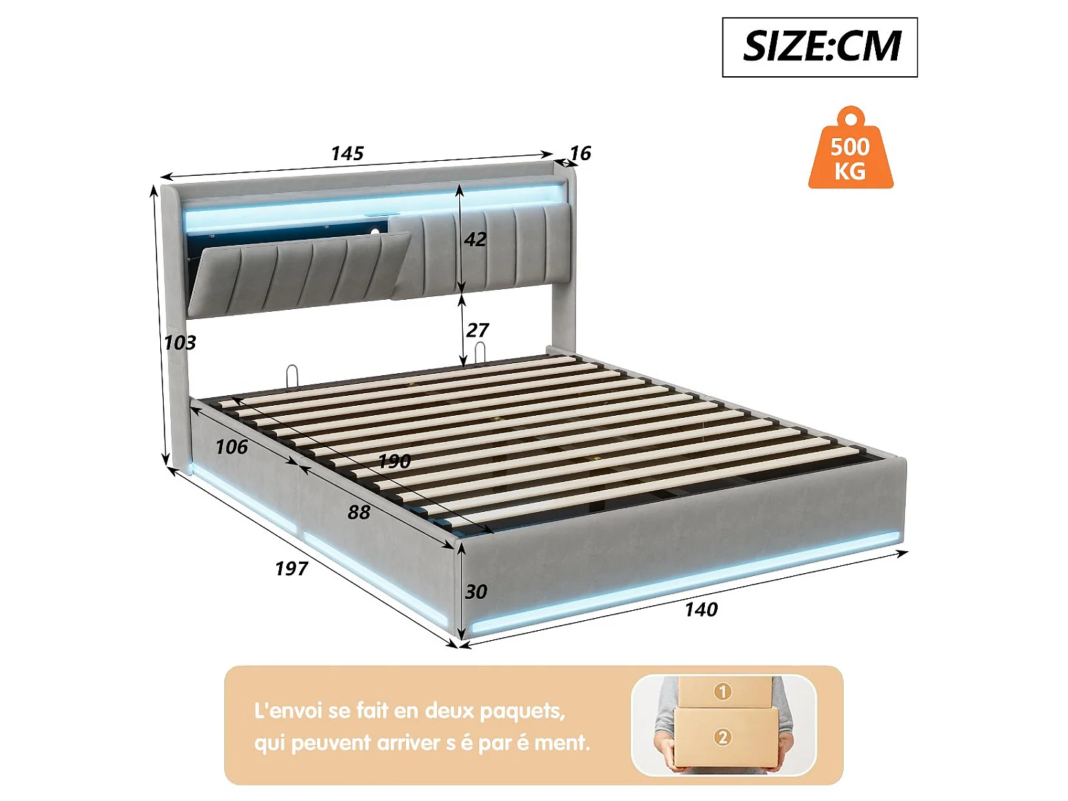 Lit coffre 140x190 cm Gris – lit double rembourré avec tête de lit, LED, prises USB, rangement hydraulique et sommier à lattes
