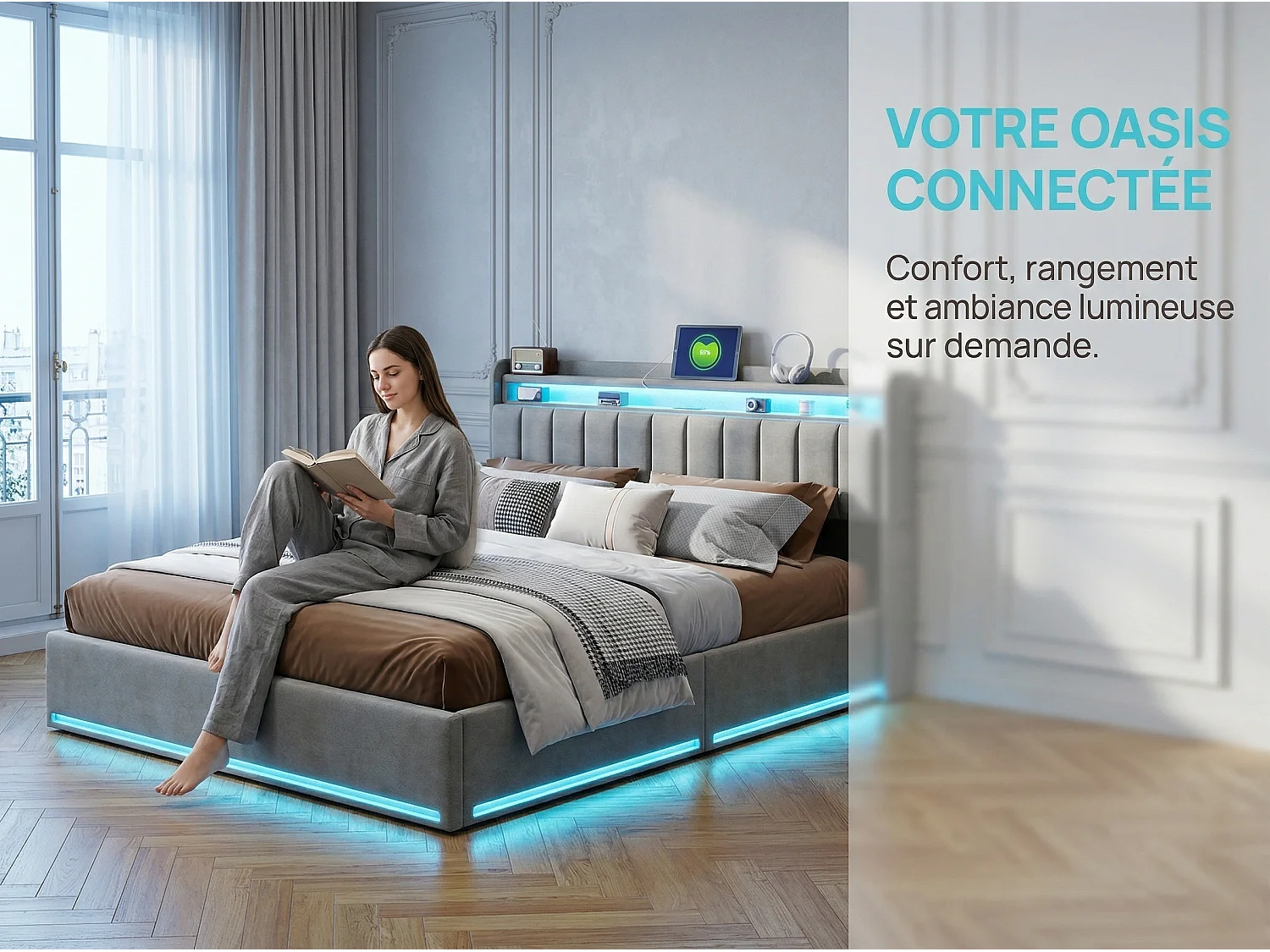 Lit coffre 140x190 cm Gris – lit double rembourré avec tête de lit, LED, prises USB, rangement hydraulique et sommier à lattes